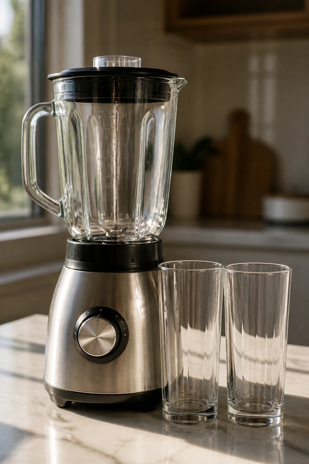 Blender and two tall glasses on a kitchen island ready to blend