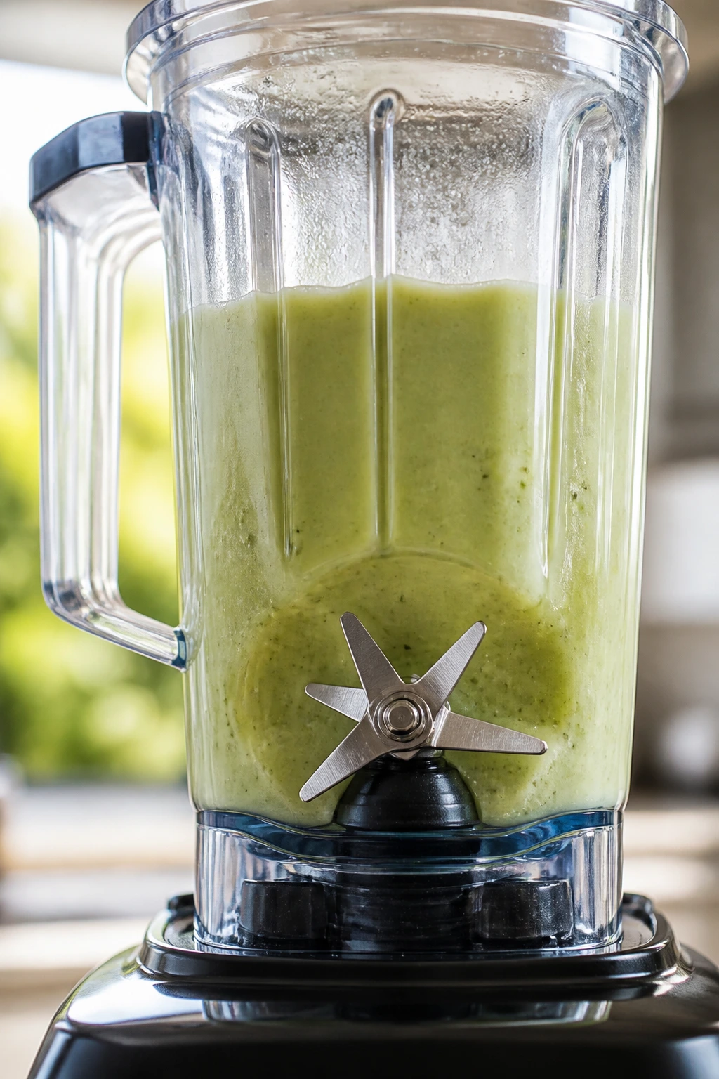 High-speed blender jar with smoothie in a bright kitchen