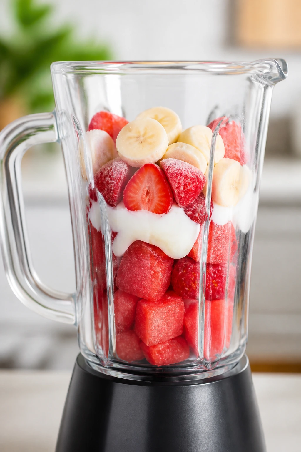 Blender jar filled with frozen fruit and yogurt ready to blend