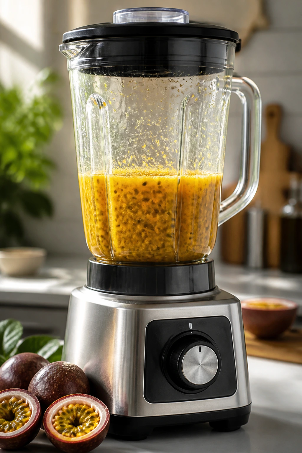 Close-up of a blender with blended passion fruit mixture inside