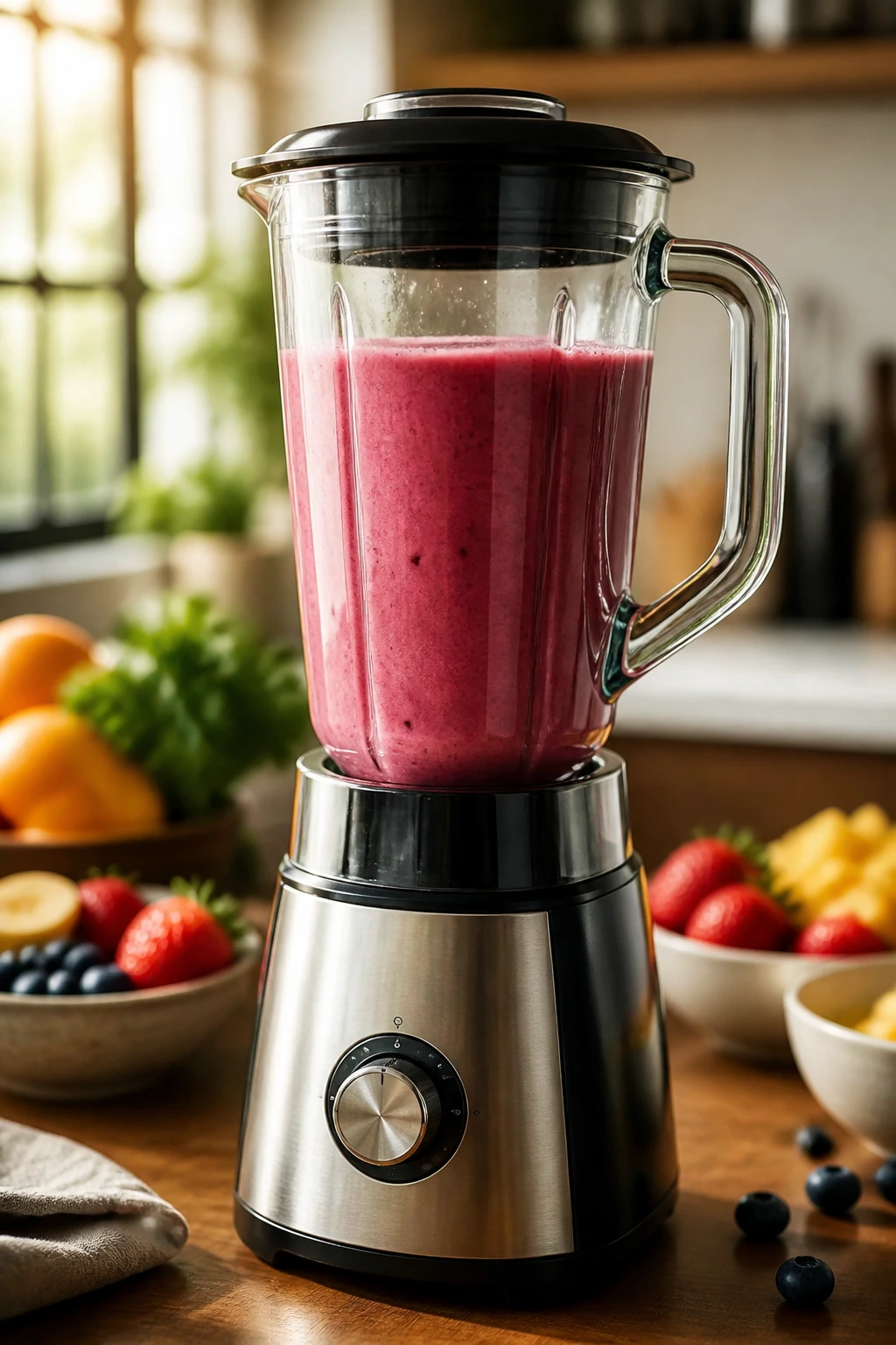 Sleek blender with vibrant smoothie in tall jar on kitchen counter
