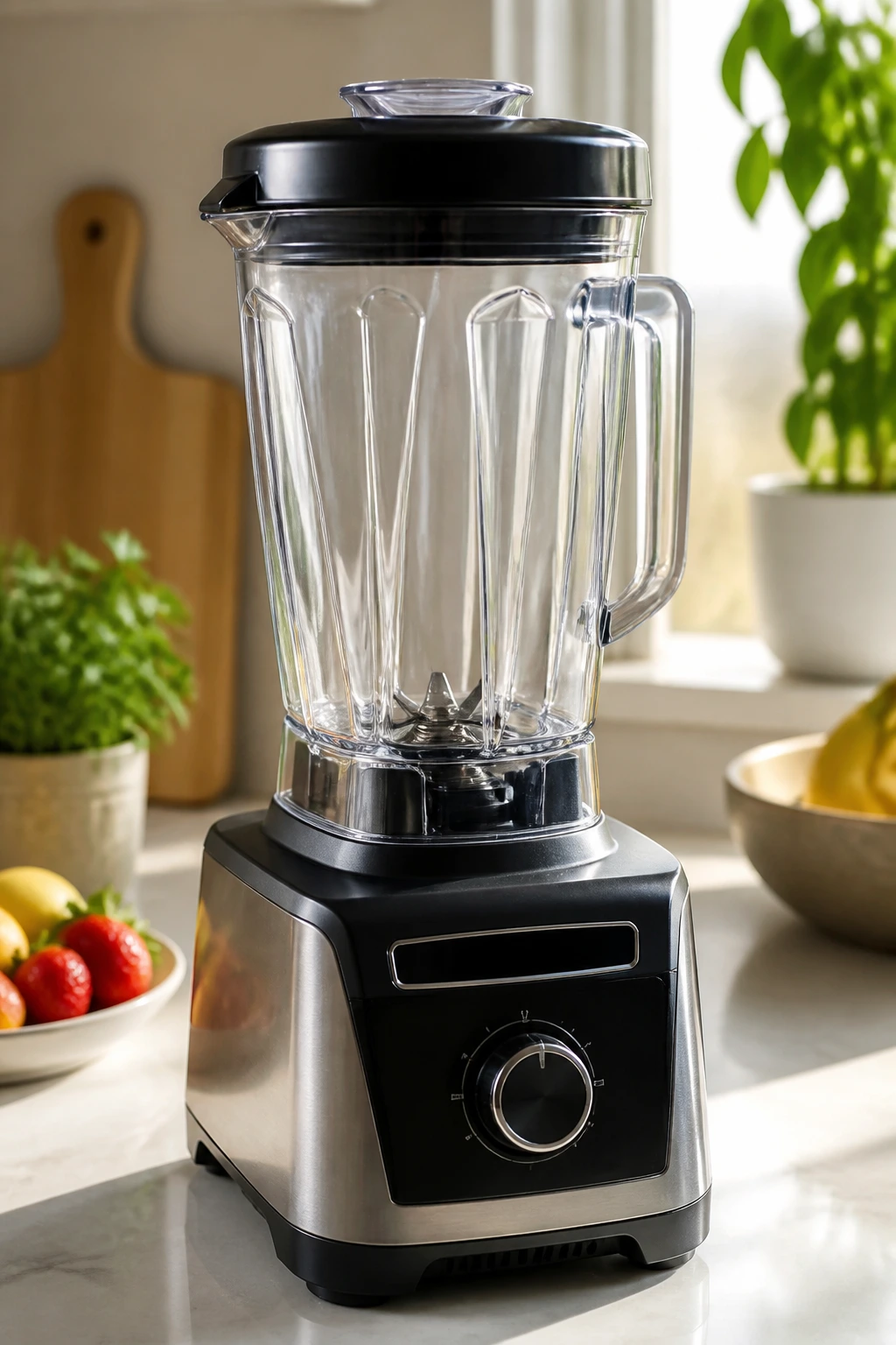 Close-up of a sturdy blender on a kitchen counter