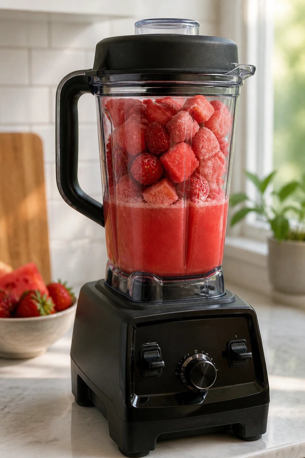 Blender on kitchen counter with red smoothie ready to blend