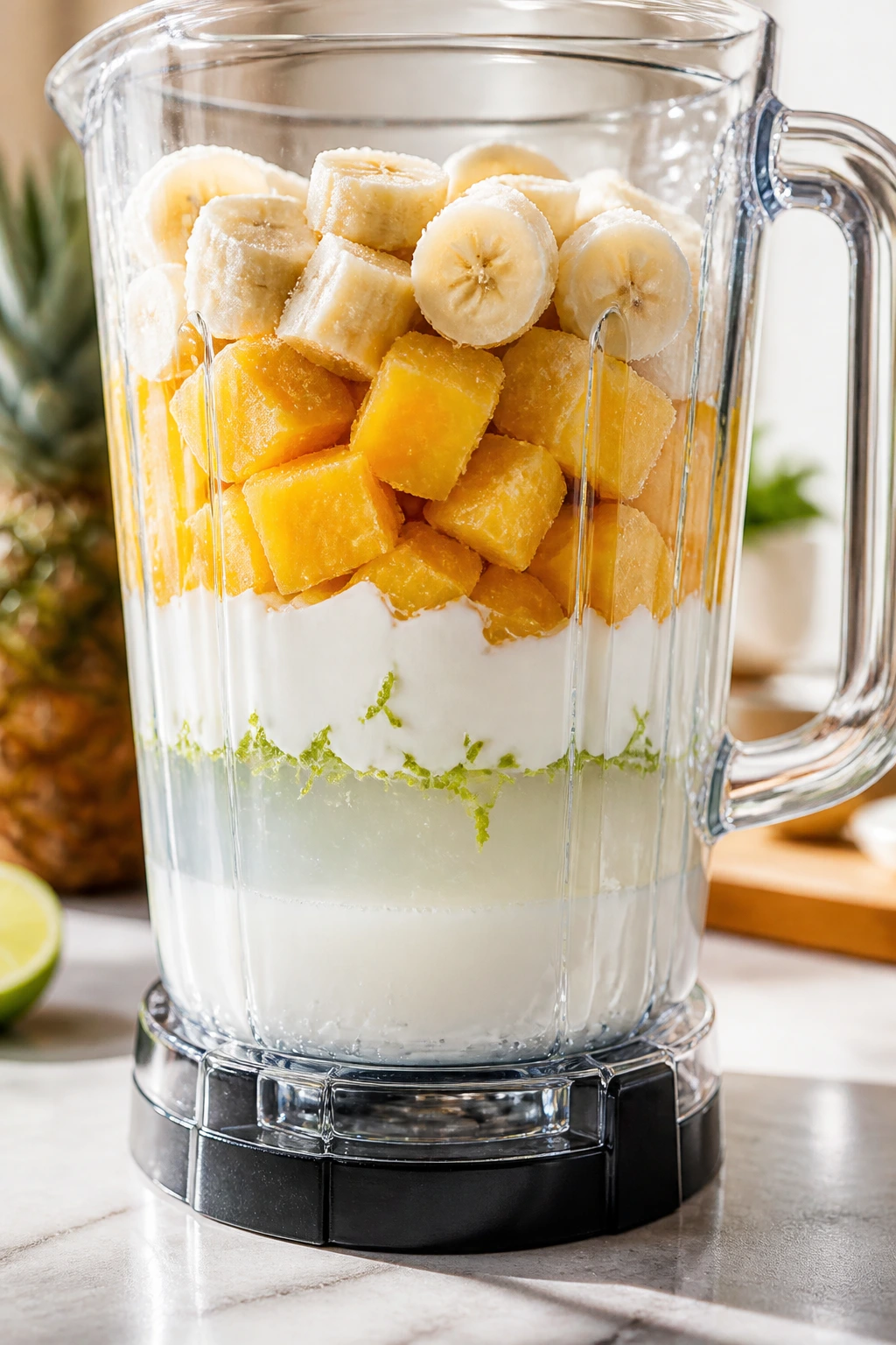 Close-up of a blender jar showing layered liquids and frozen fruit in a bright kitchen