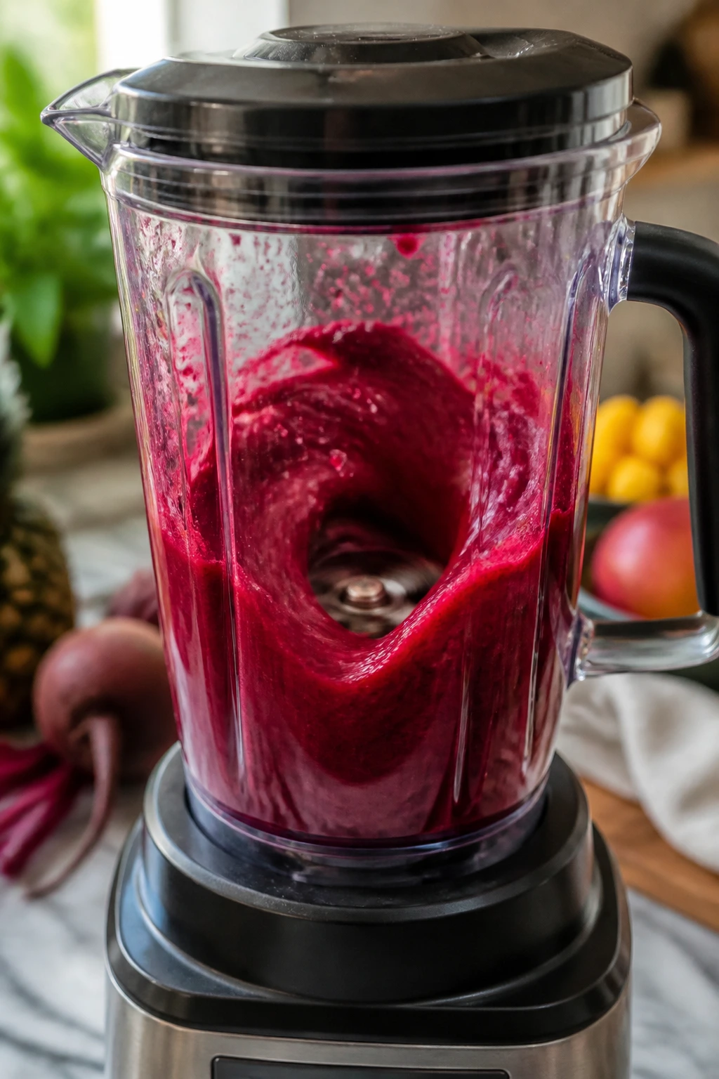 Blender jar blending tropical beet juice
