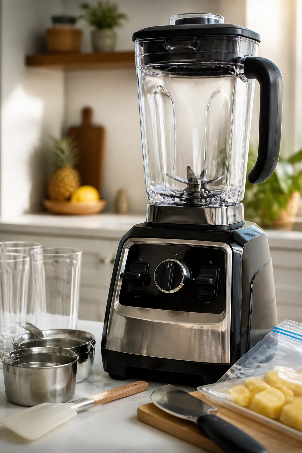 High-speed blender on a kitchen counter as hero equipment for smoothies