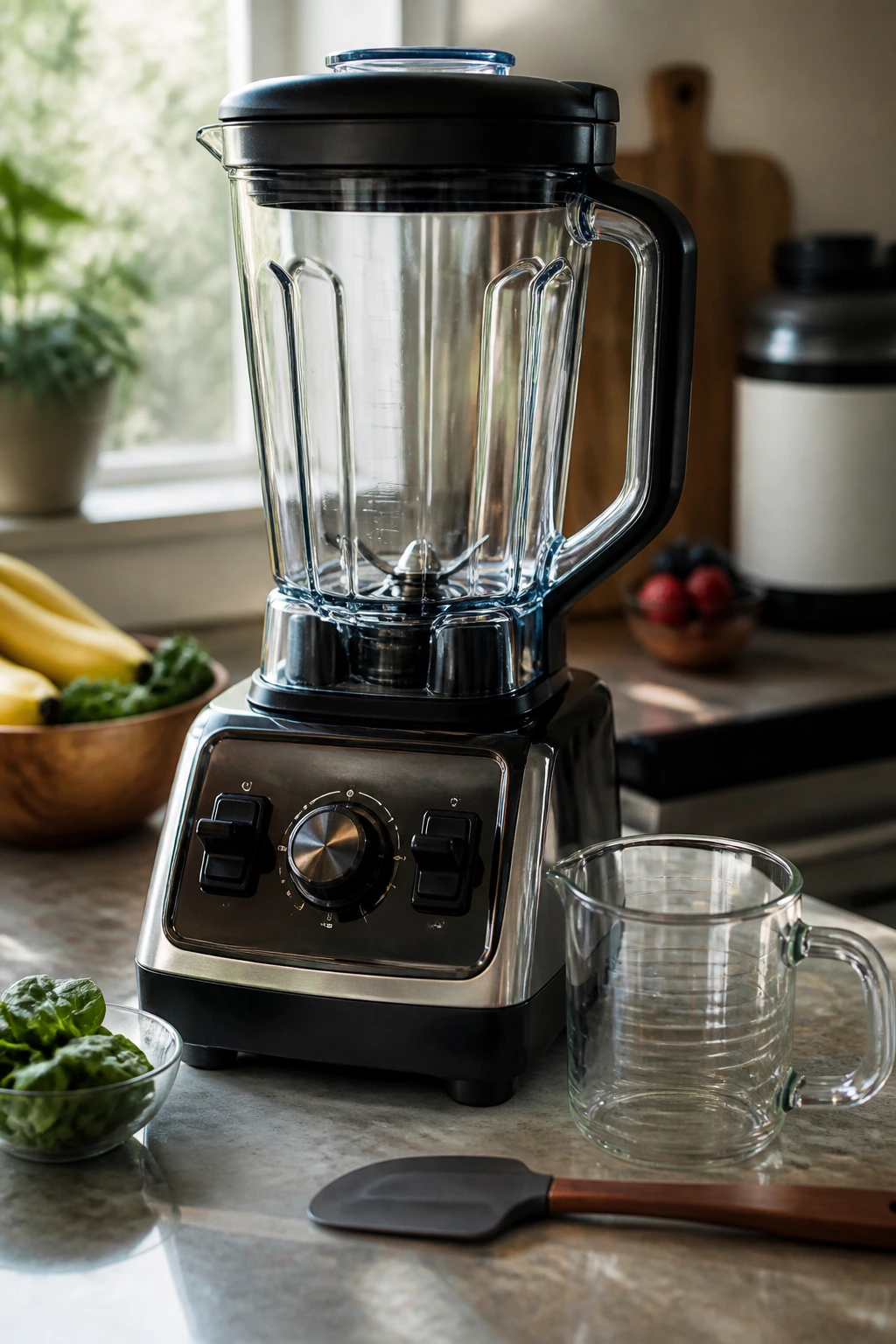 Close-up of blender and essential smoothie tools arranged on a kitchen counter.