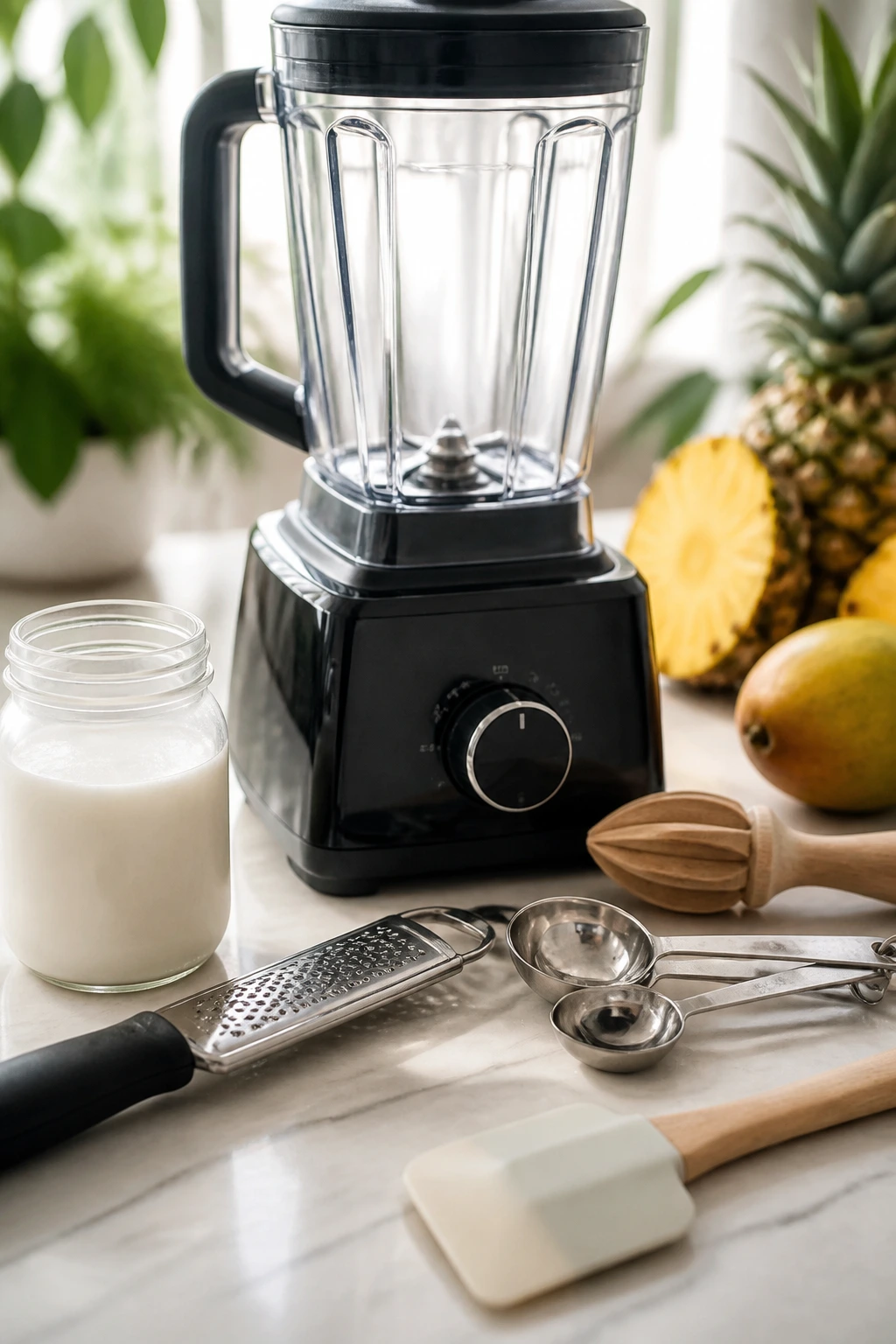 Blender and essential smoothie tools on a kitchen counter