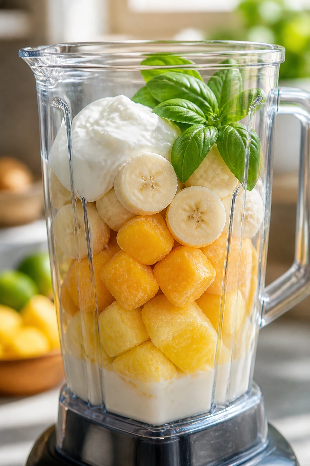 Blender jar with frozen fruit and yogurt on a sunny kitchen counter