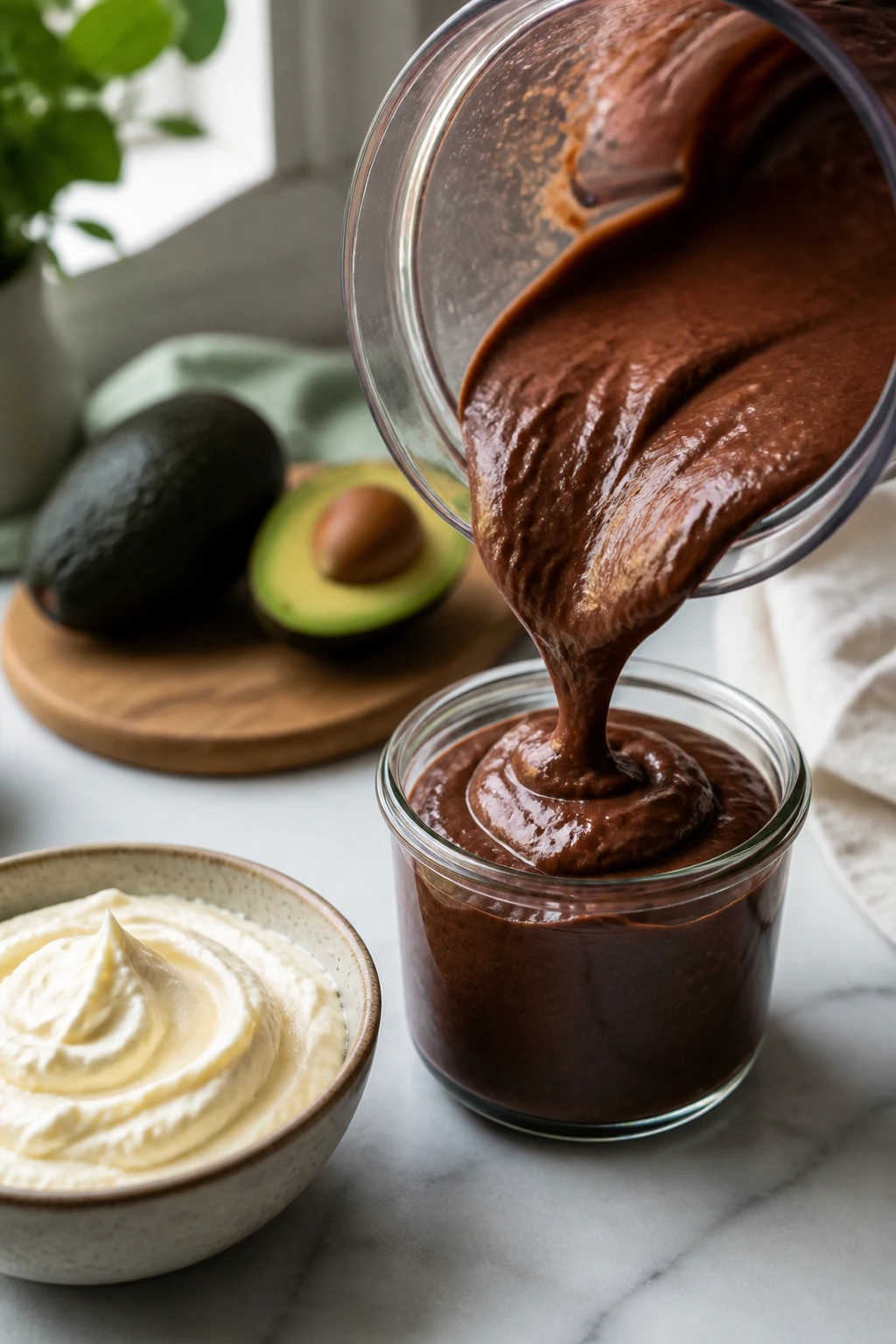 Blender pouring avocado pudding into a glass jar in a kitchen