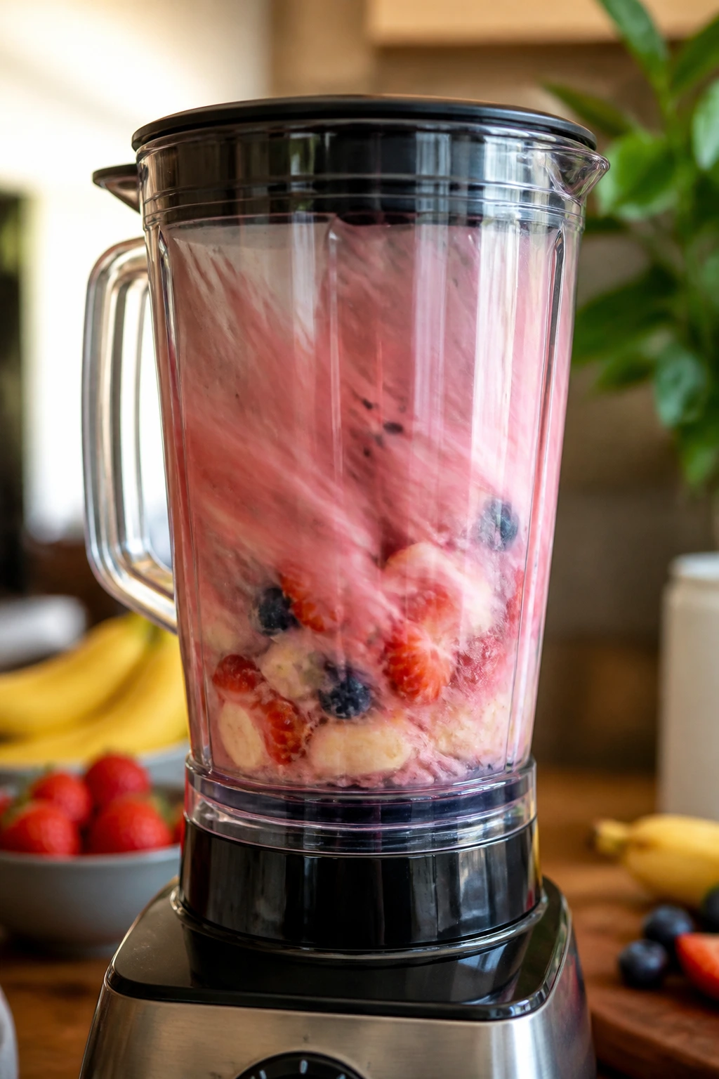 Close-up of blender jar blending a smoothie in kitchen setting