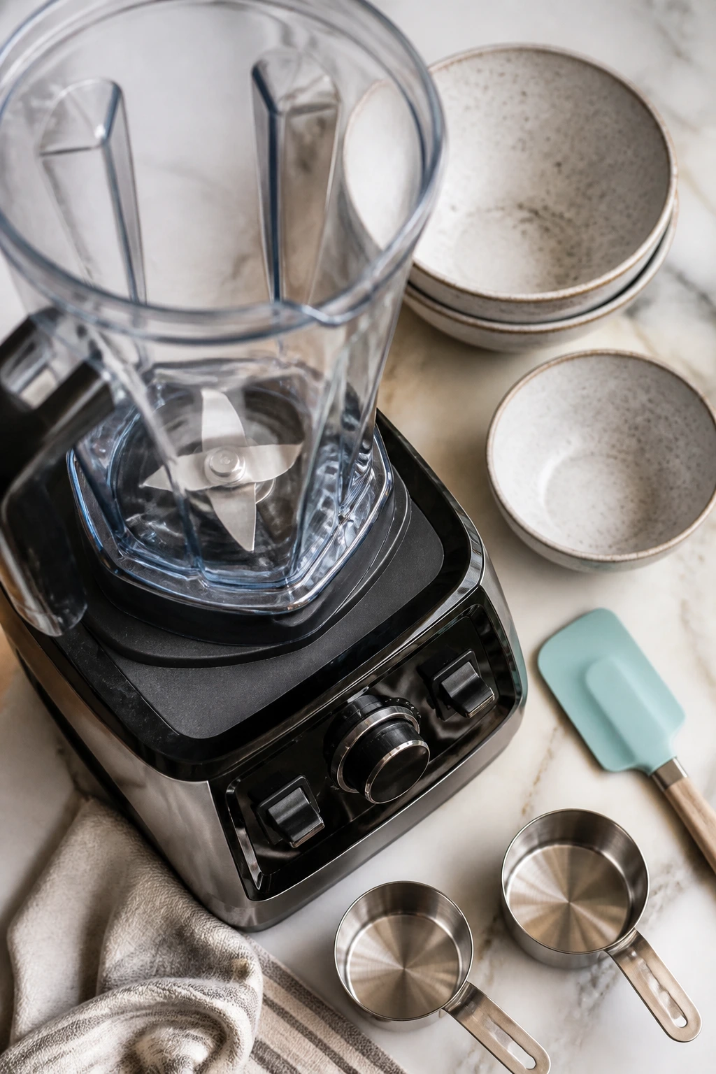Top-down view of blender, spatula, and measuring cups on a kitchen counter