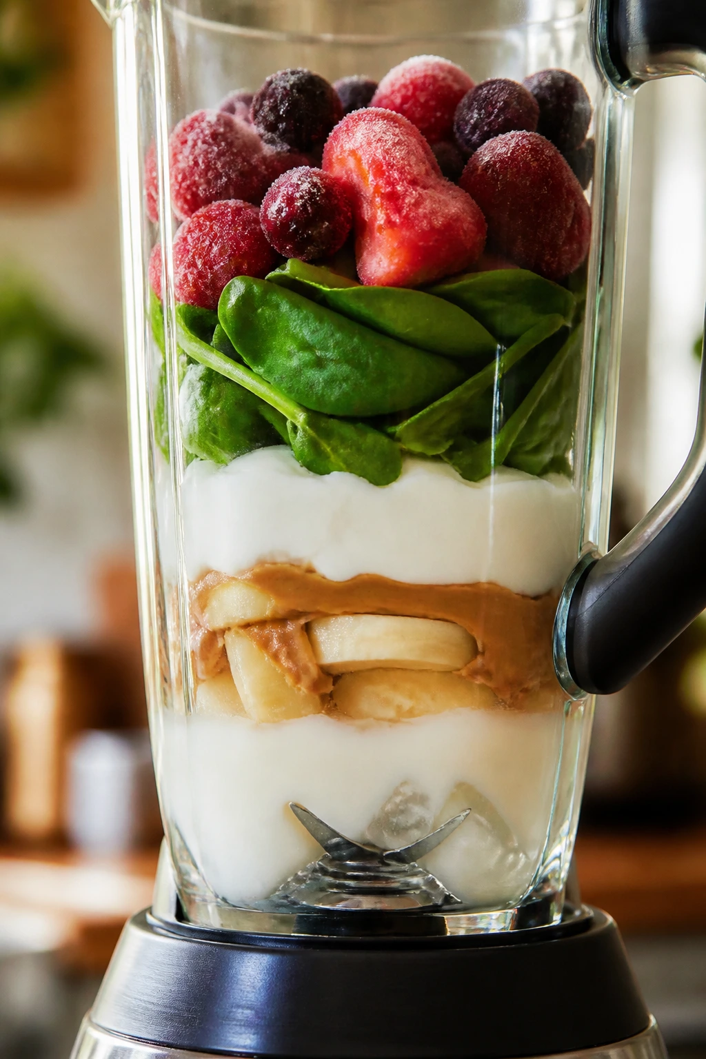 Close-up of blender jar with layered liquids and frozen fruit for thick smoothies
