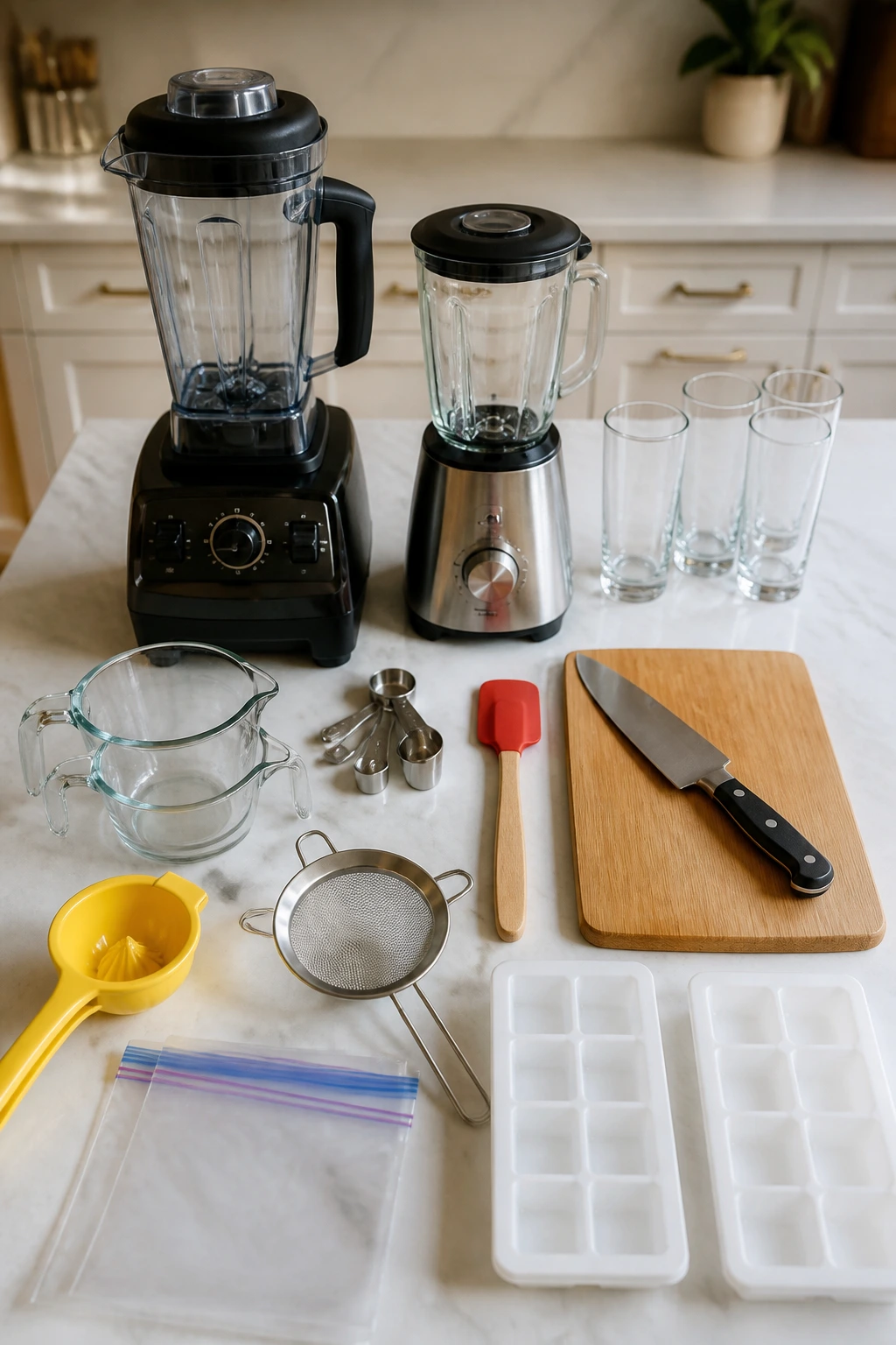 Top-down view of essential smoothie-making equipment arranged on a kitchen counter.
