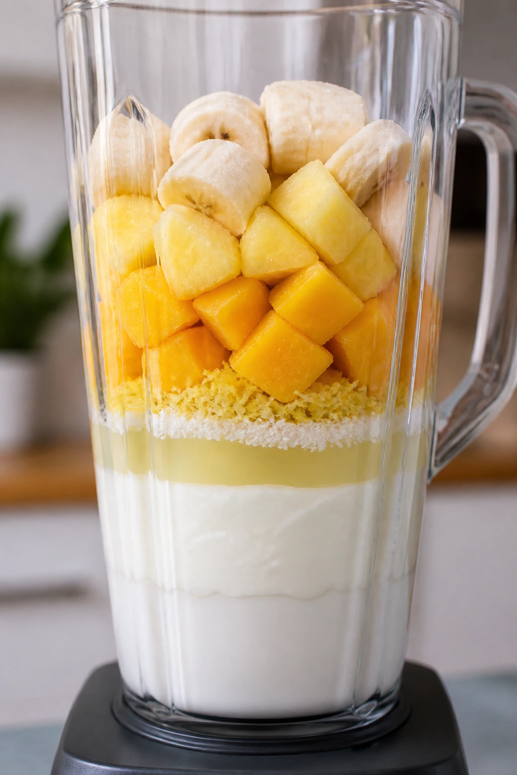 Blender jar showing layered ingredients in order before blending