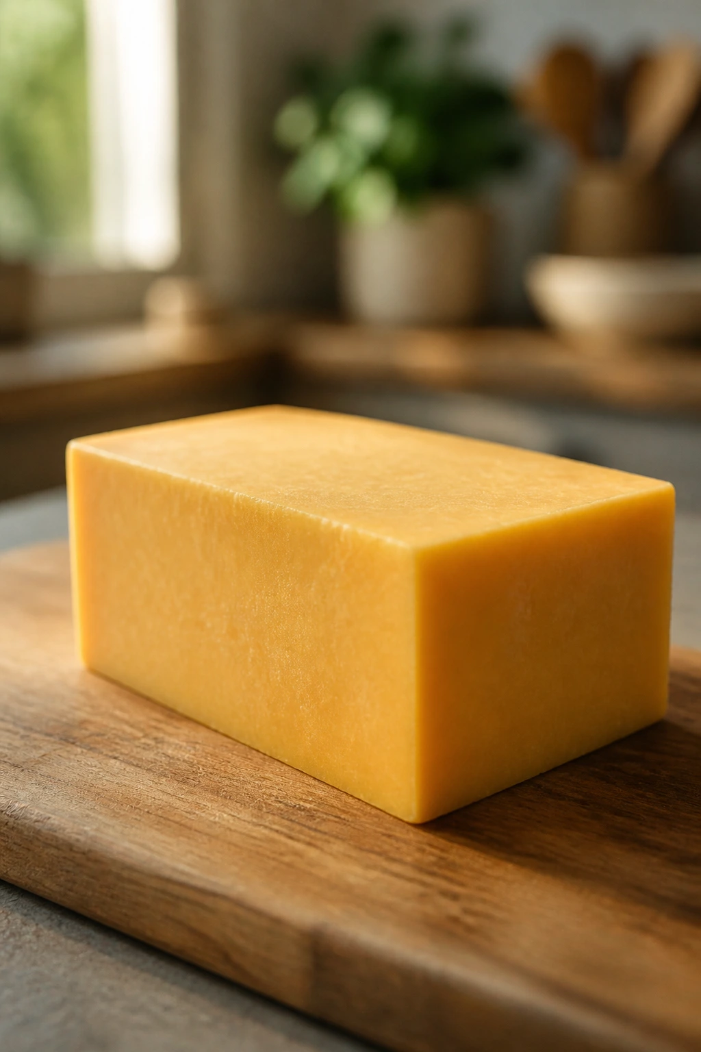 Block of cheese on cutting board for shopping tips