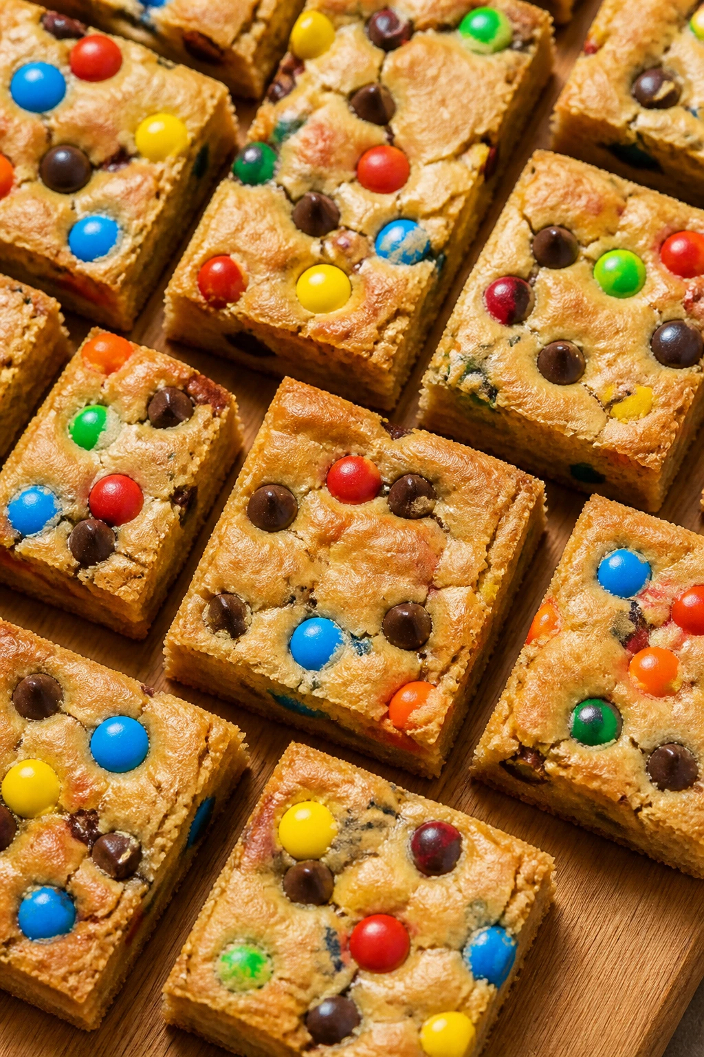 Close-up of candy-topped blondie bars on a wooden board