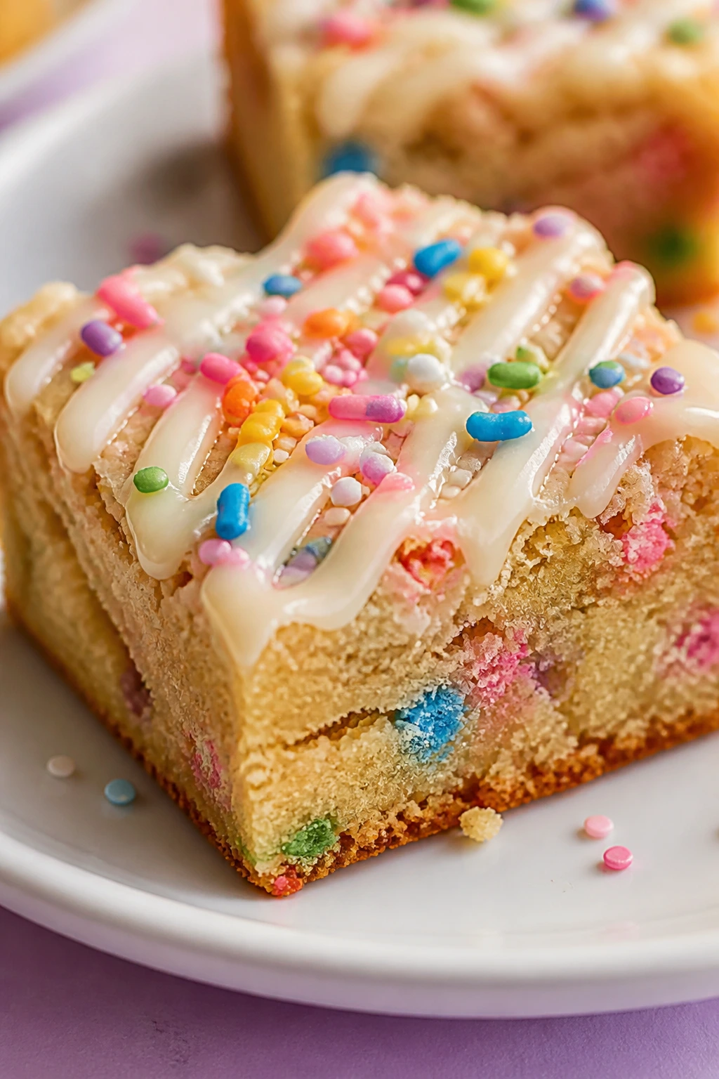 Close-up of a birthday cake blondie bar with pastel sprinkles and vanilla glaze