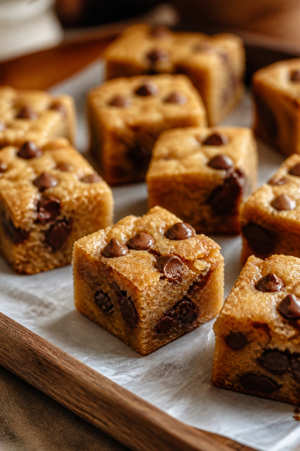 Close-up of chocolate chip blondie bites on parchment