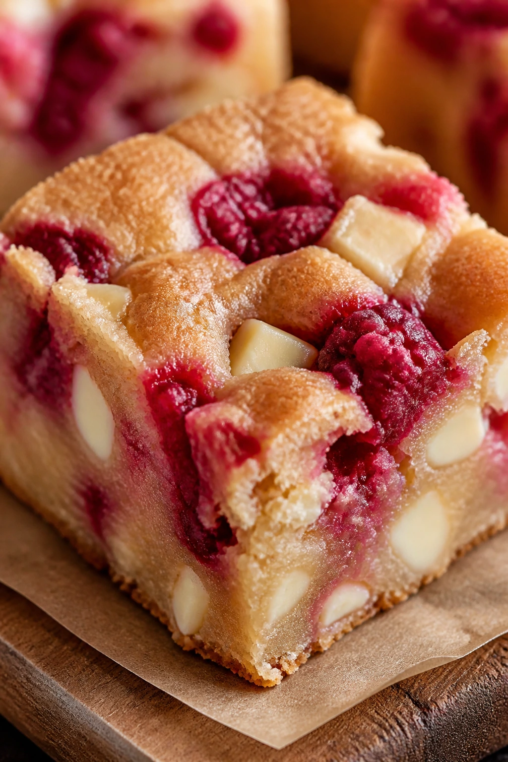 Close-up of a white chocolate raspberry blondie square on parchment in a warm kitchen setting