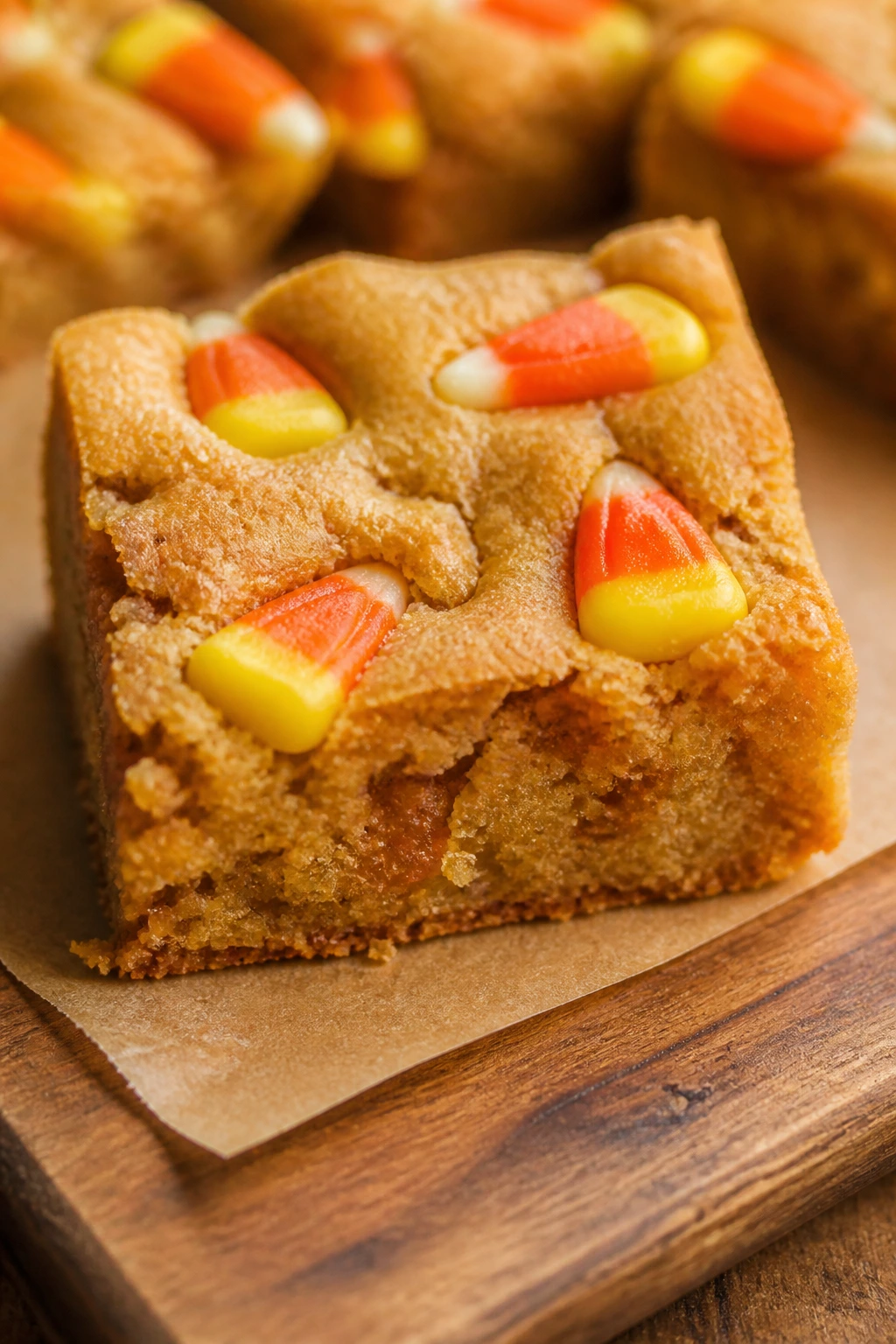 Blondie square topped with candy corn pieces on wooden board