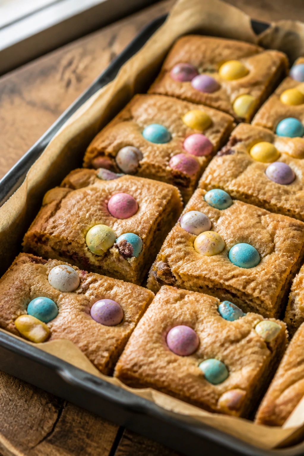 Close-up of Easter candy blondies with colorful candy eggs in a parchment-lined pan on a wooden counter