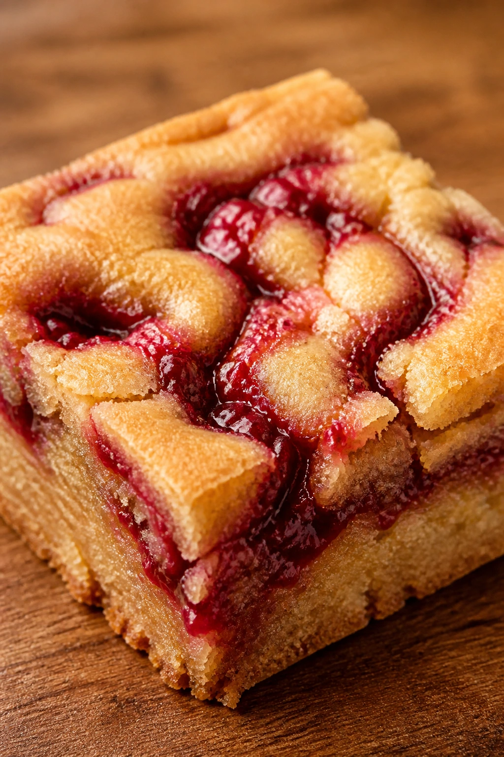 Close-up of raspberry jam blondie square with jam swirl