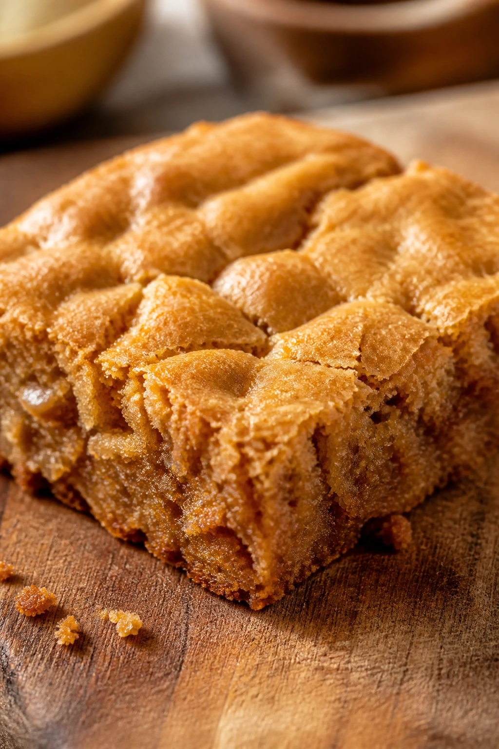 Golden blondie square close-up on wooden surface