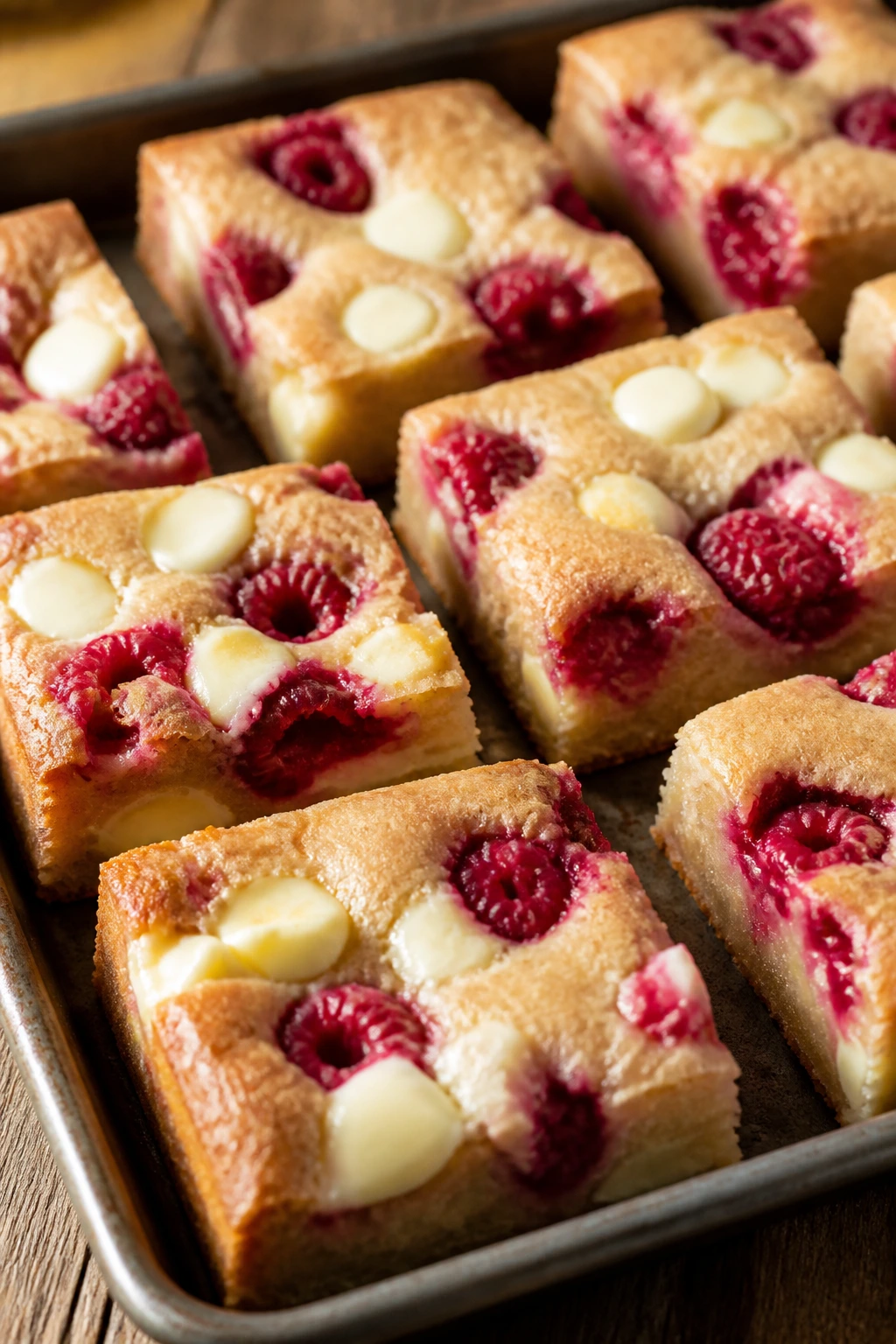 Close-up of White Chocolate Raspberry Blondies with white chocolate chips and raspberries
