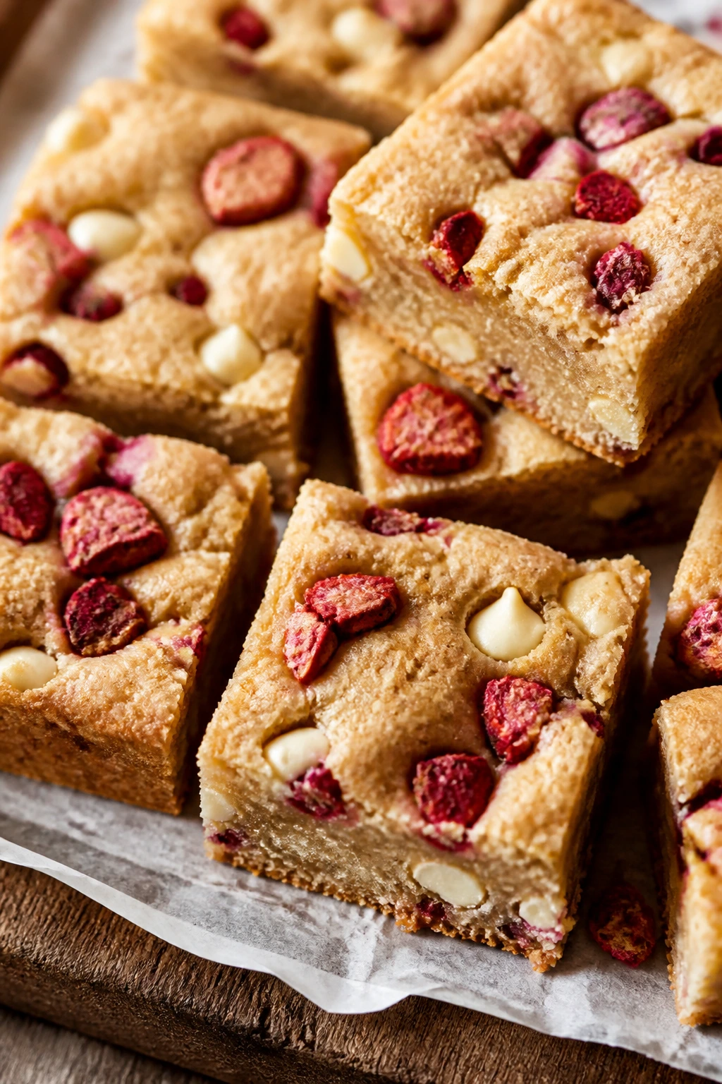 Blondies with white chocolate chips and freeze-dried strawberries on parchment in warm light