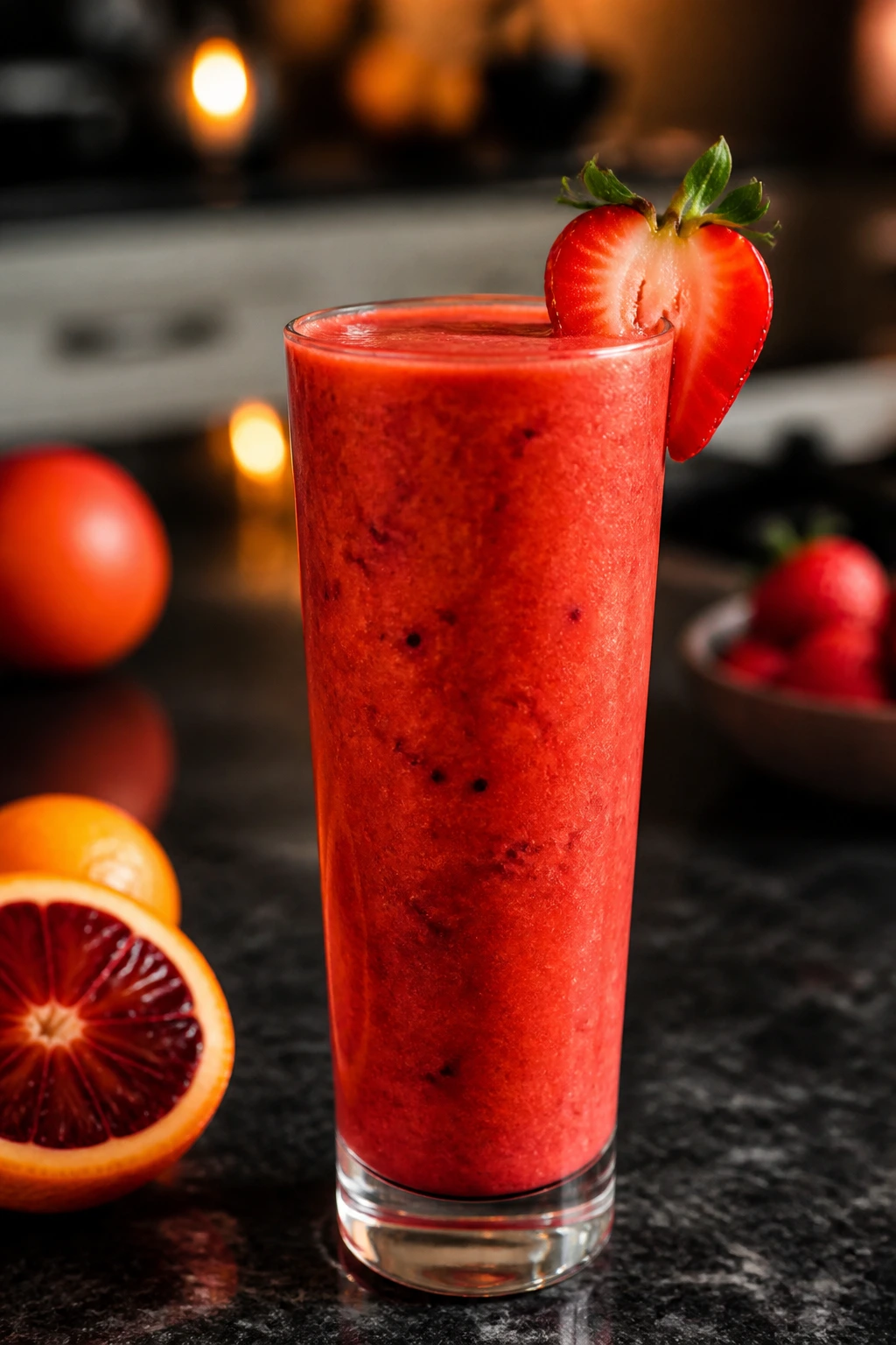 Red-orange blood orange berry smoothie with strawberry garnish