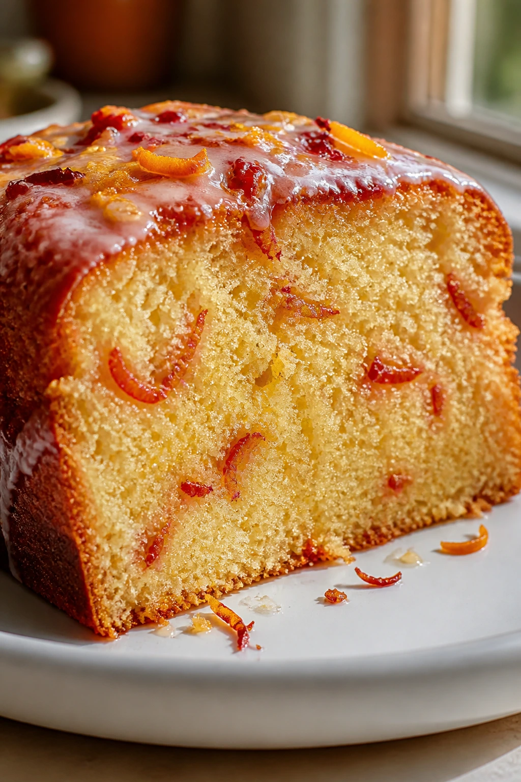 Slice of blood orange olive oil cake with zest and glaze on plate