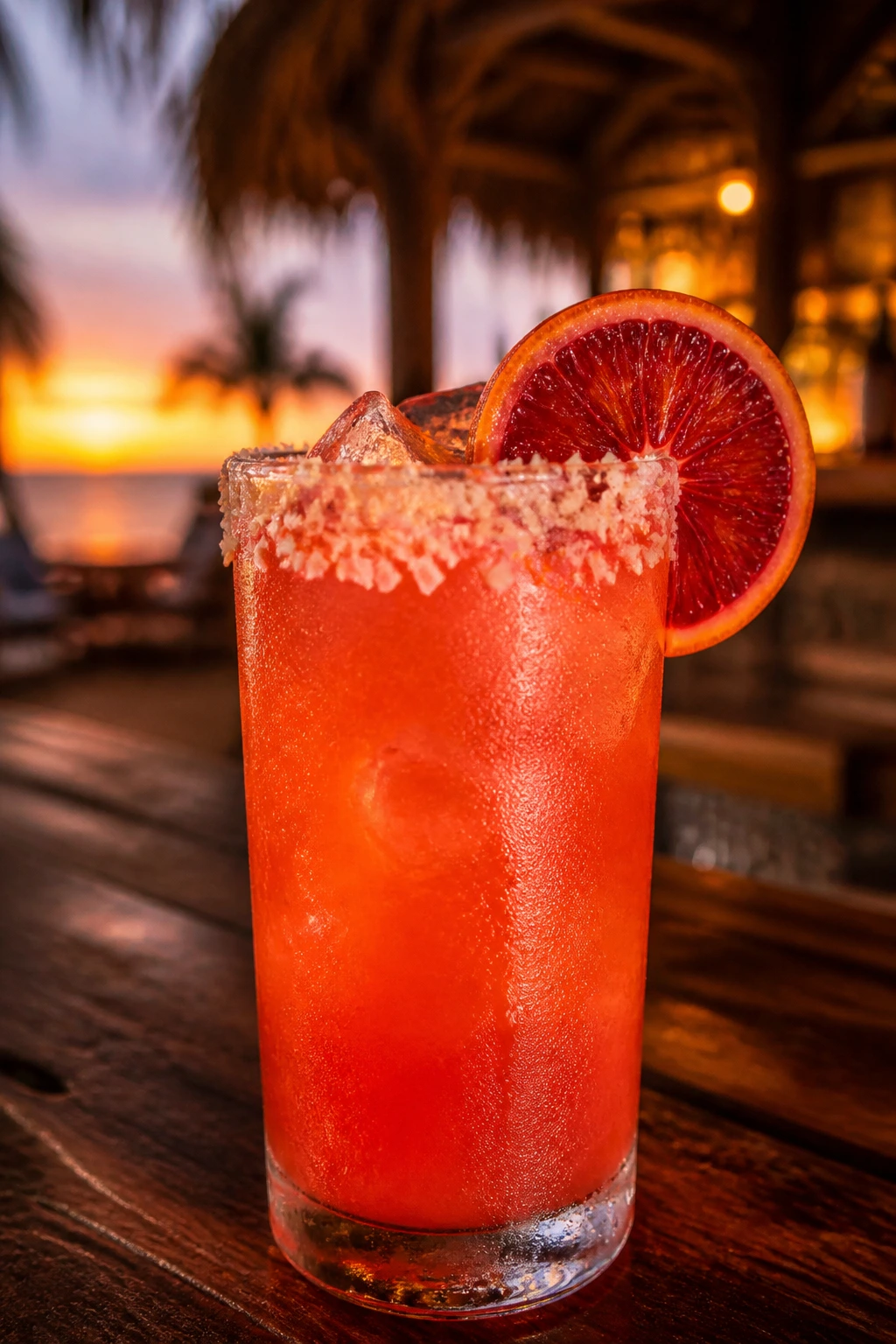 Blood Orange Coconut Paloma with coconut salt rim on a tropical bar