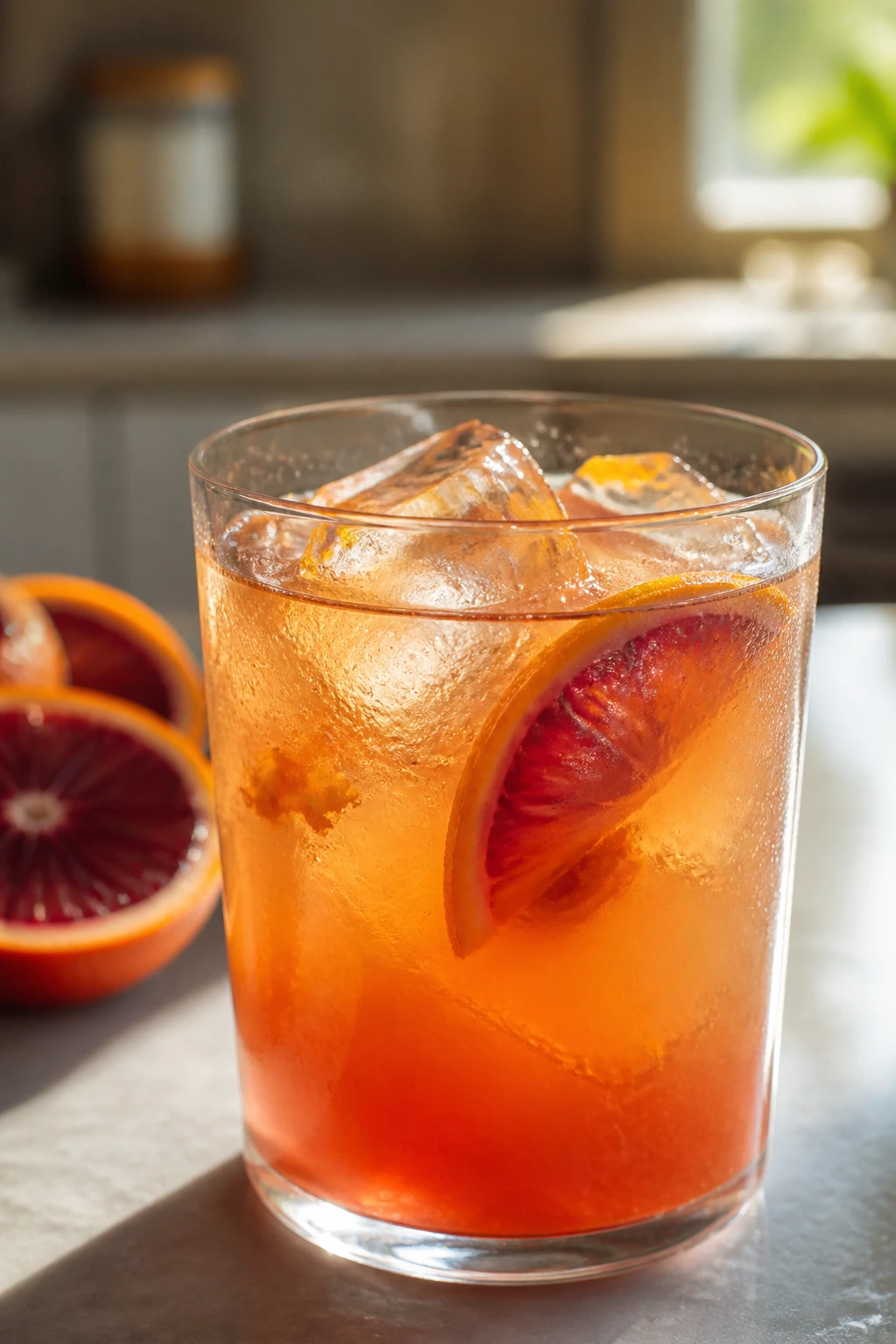 Close-up of blood orange Earl Grey iced tea with orange zest