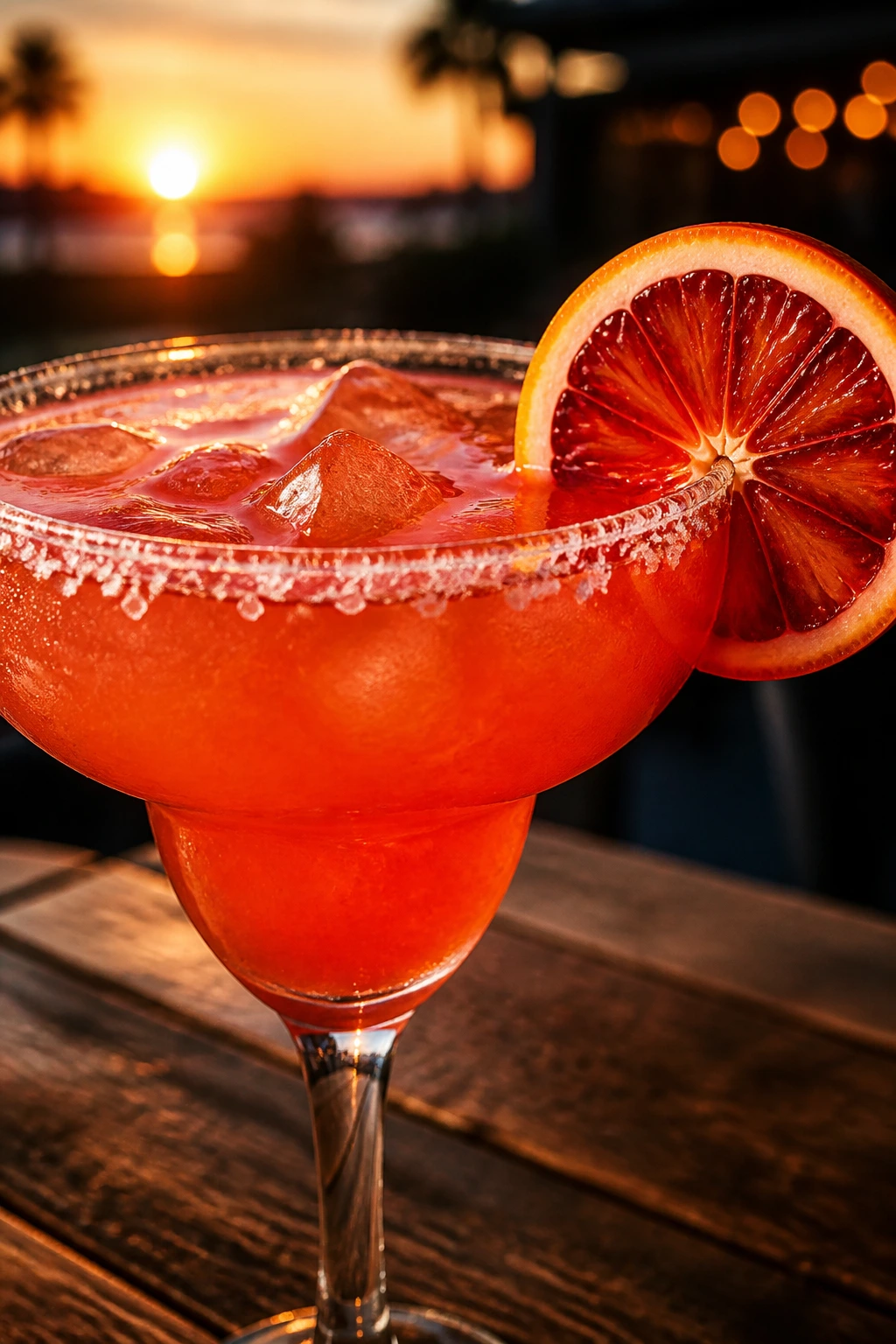 Blood orange coconut margarita with salted rim and orange wheel