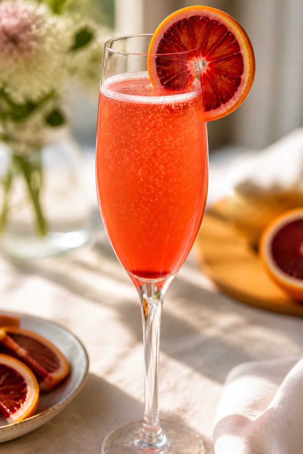 Close-up of Blood Orange Brunch Mimosa with blood orange wheel garnish on a sunlit brunch table