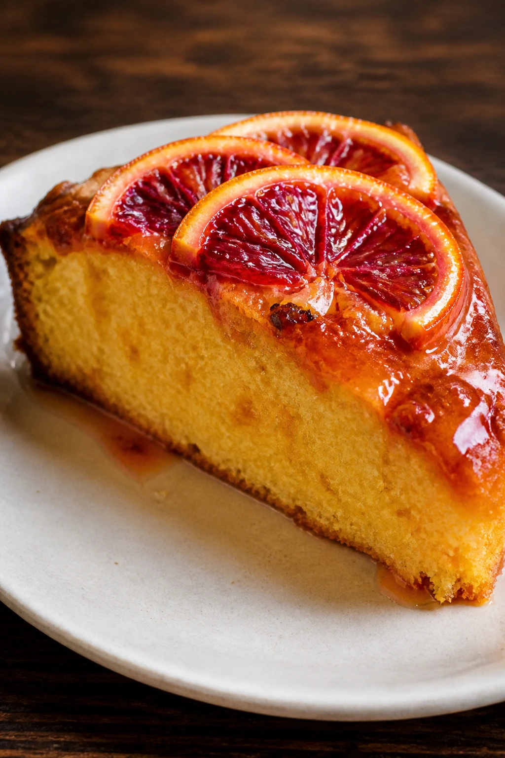 Thick slice of blood orange olive oil cake with glaze and orange slices