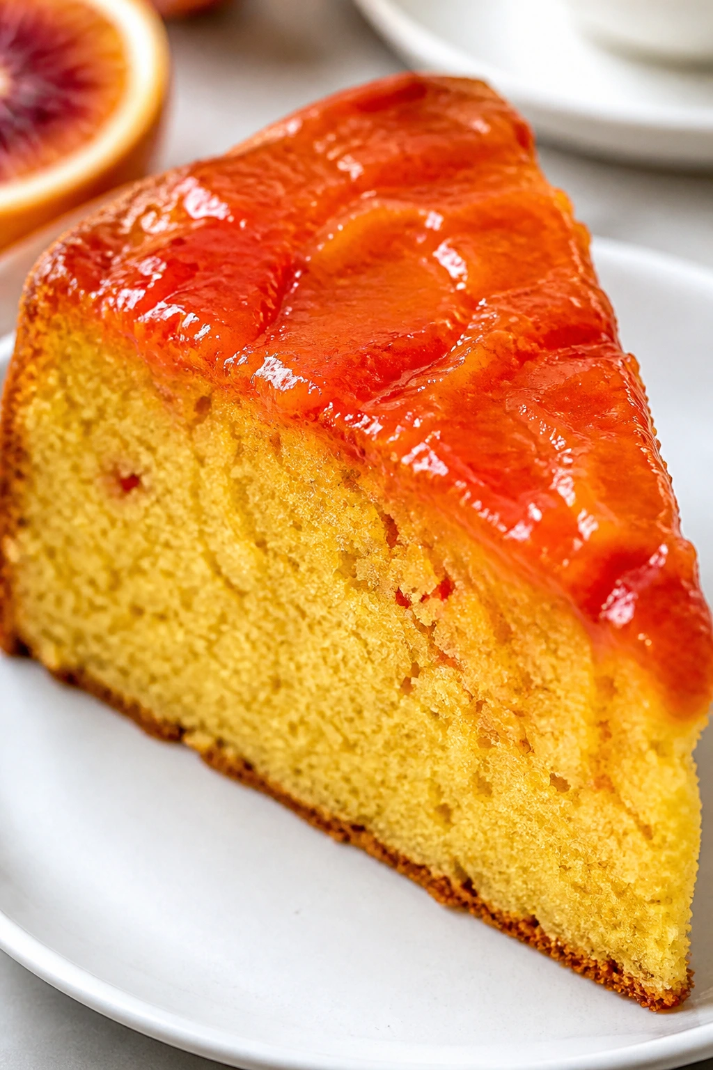 Slice of blood orange olive oil cake with orange glaze on plate