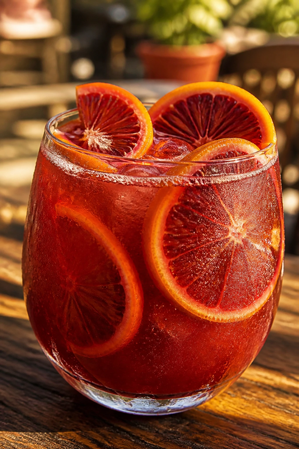 Close-up of Blood Orange Rum Punch in a glass with blood orange slices and a ruby color
