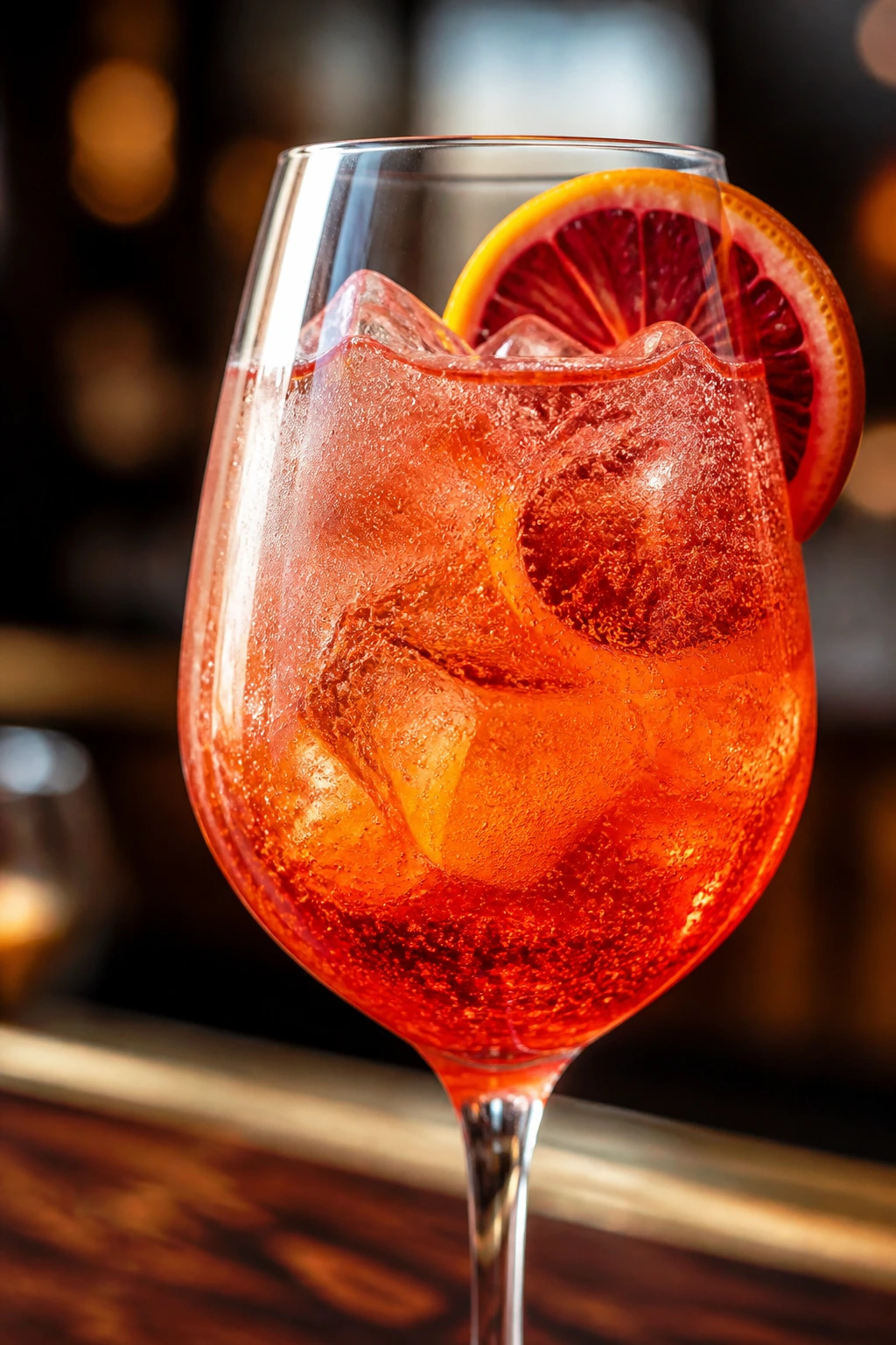 Close-up of Blood Orange Vodka Spritz in a tall glass with orange wheel and bubbles