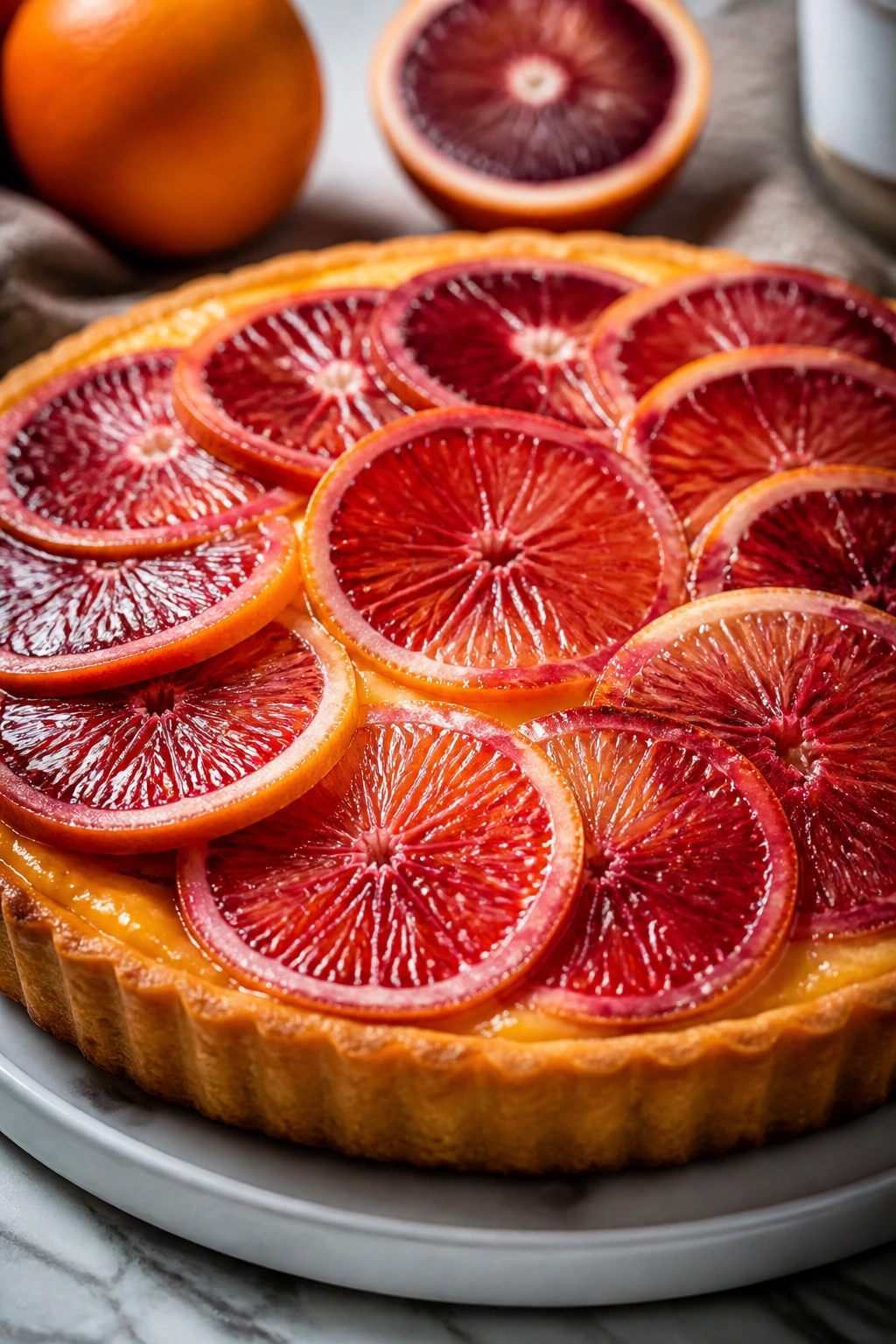 Close-up of orange tart topped with blood orange slices
