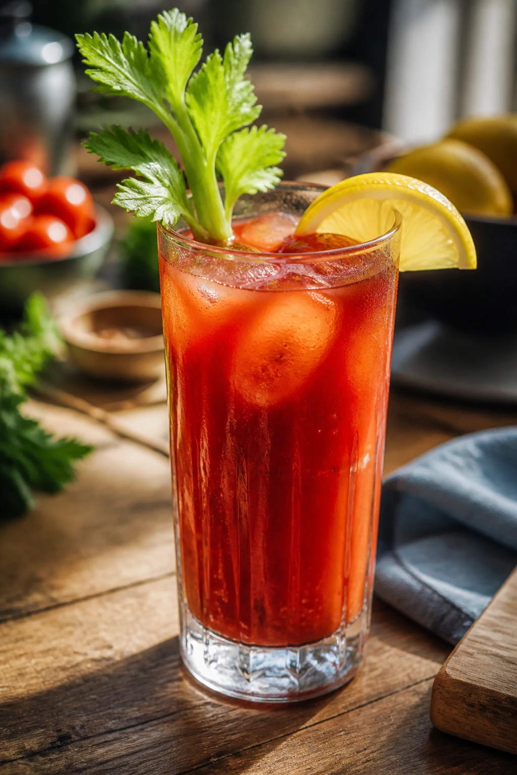 Close-up of Bloody Mary Mocktail with celery and lemon on wooden brunch table