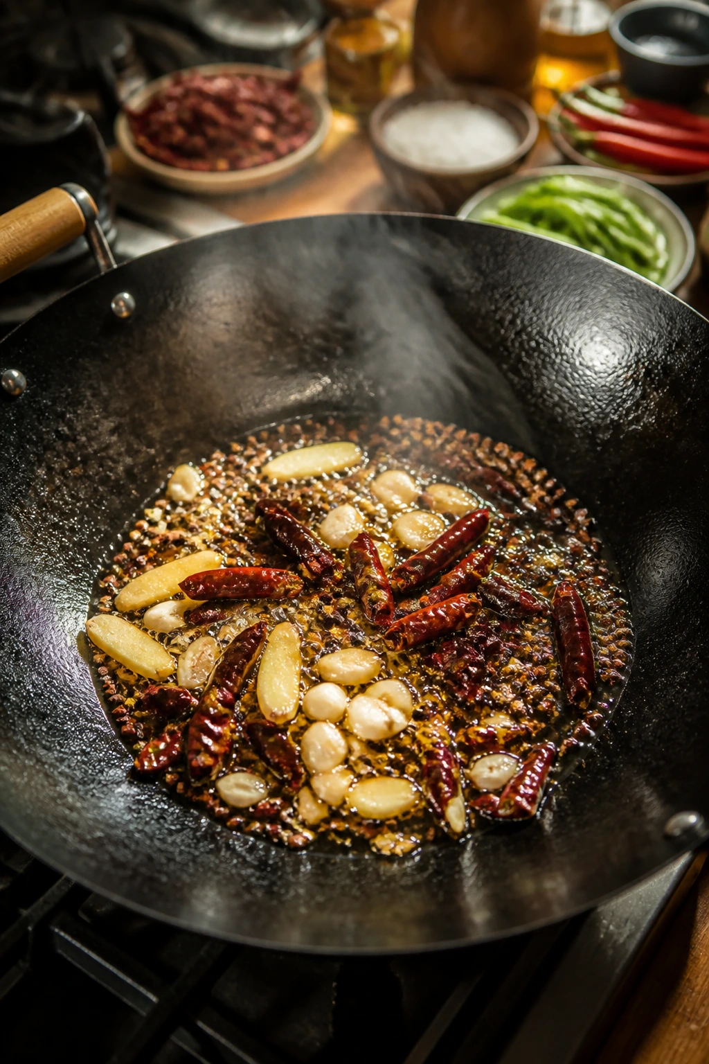 Wok with spices blooming in hot oil on a stove