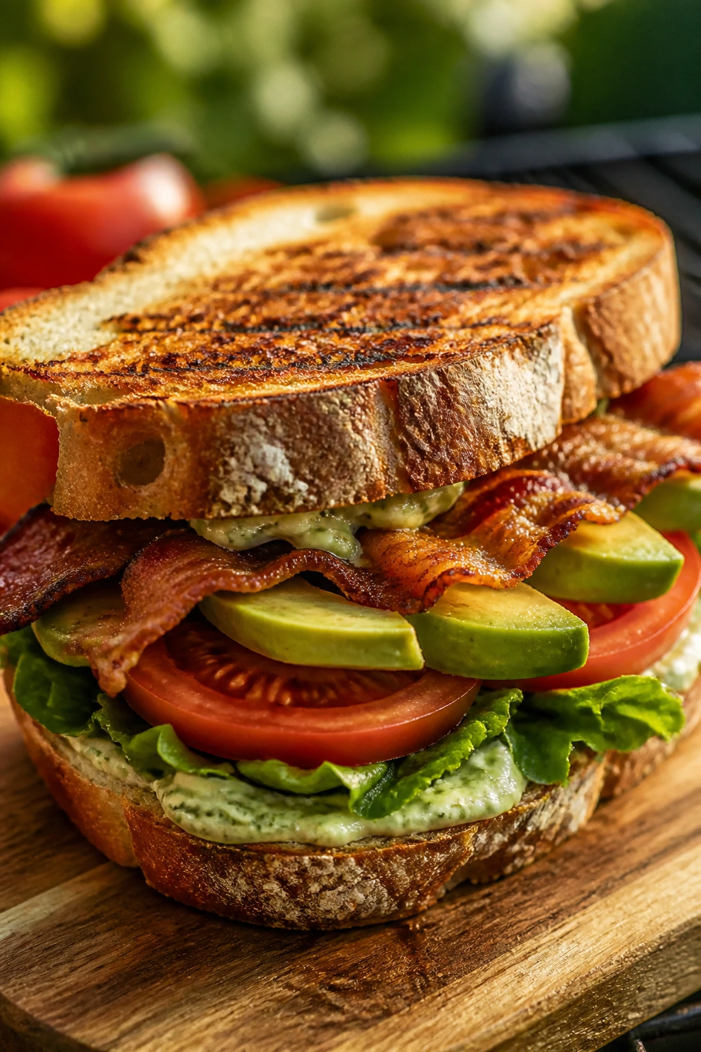 Close-up of BLT with avocado and basil mayo on rustic bread
