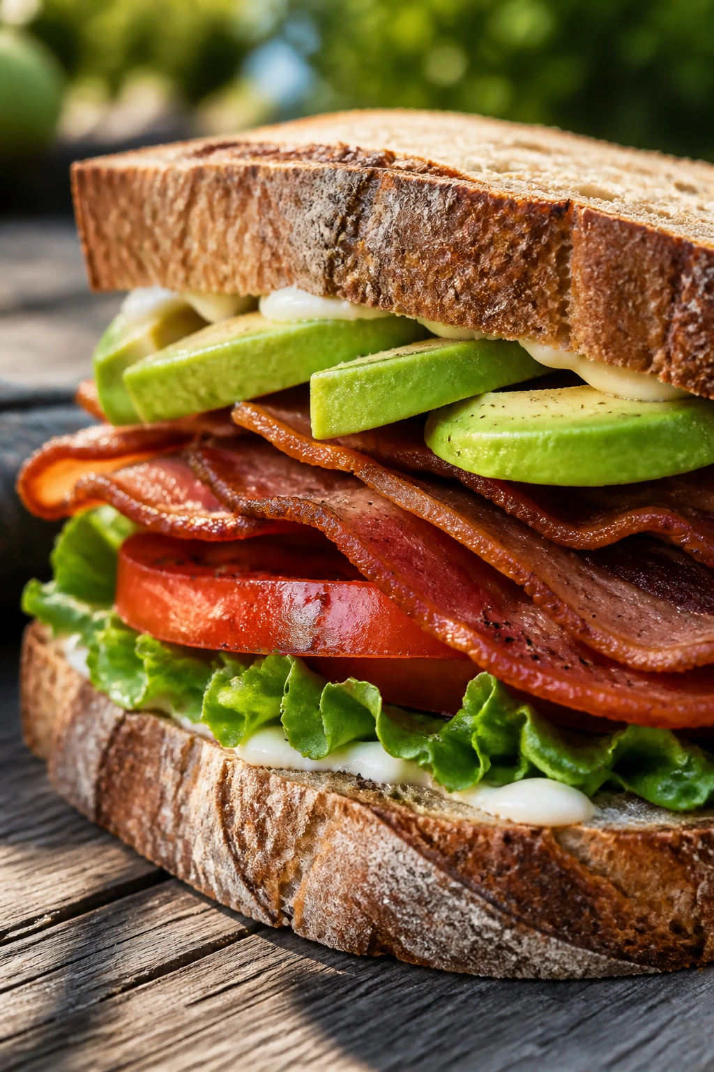 Close-up of Bacon, Lettuce, and Avocado on Country Bread sandwich on a sunny picnic table