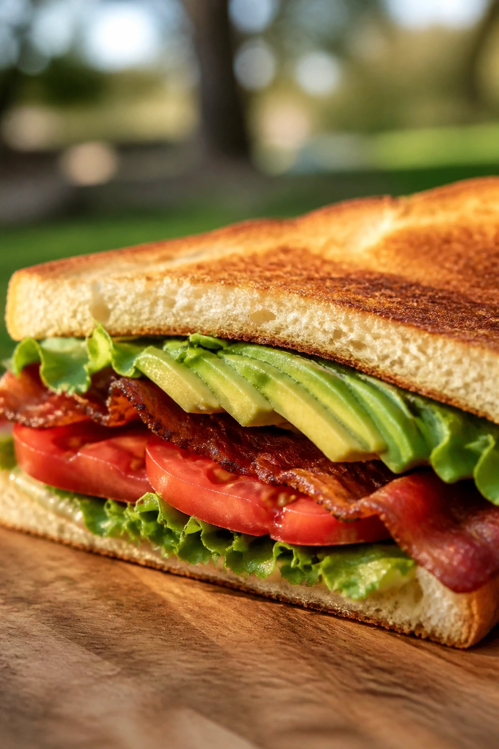 Close-up of BLT with avocado on toasted bread outdoors
