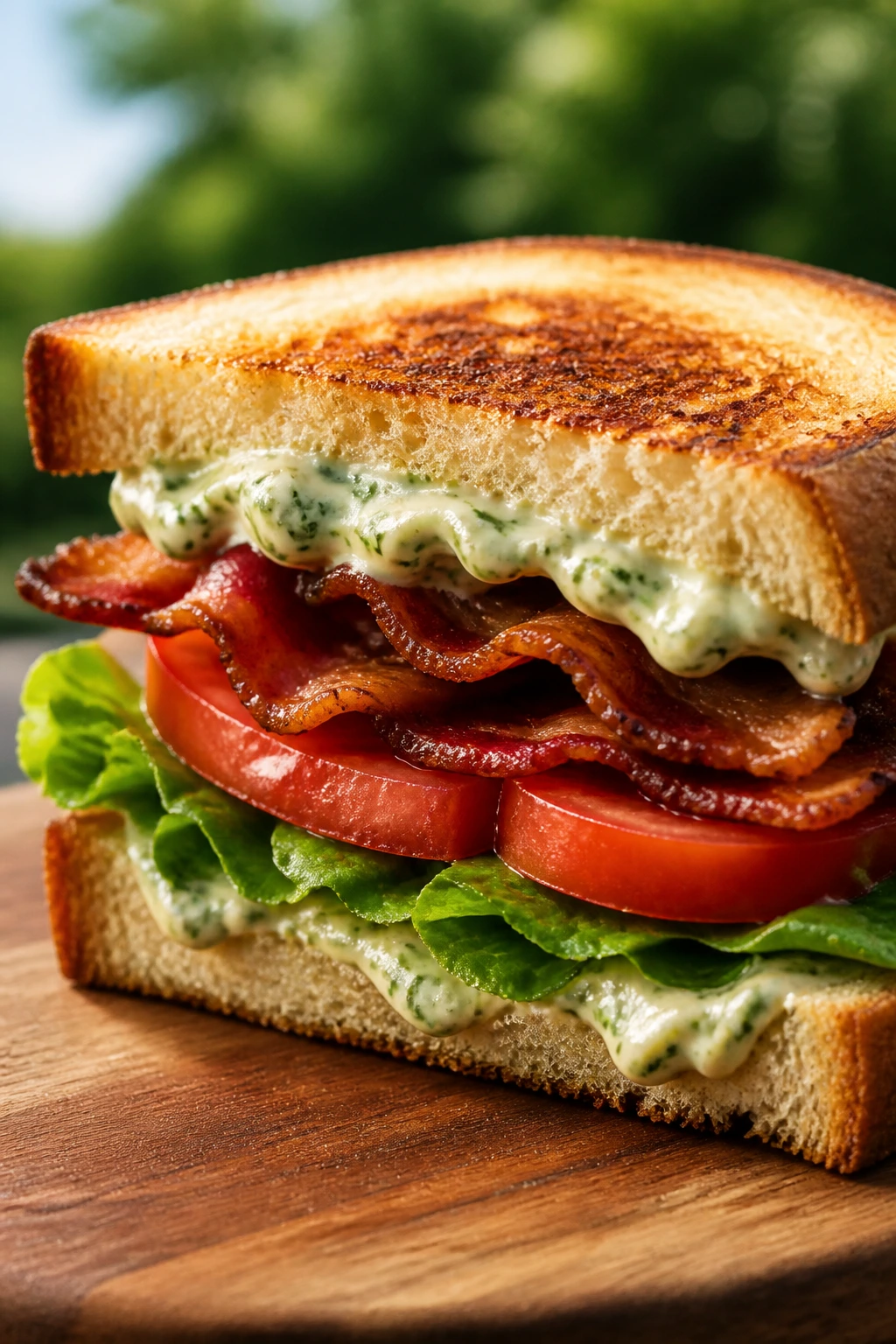 Close-up BLT with basil mayo on toasted bread