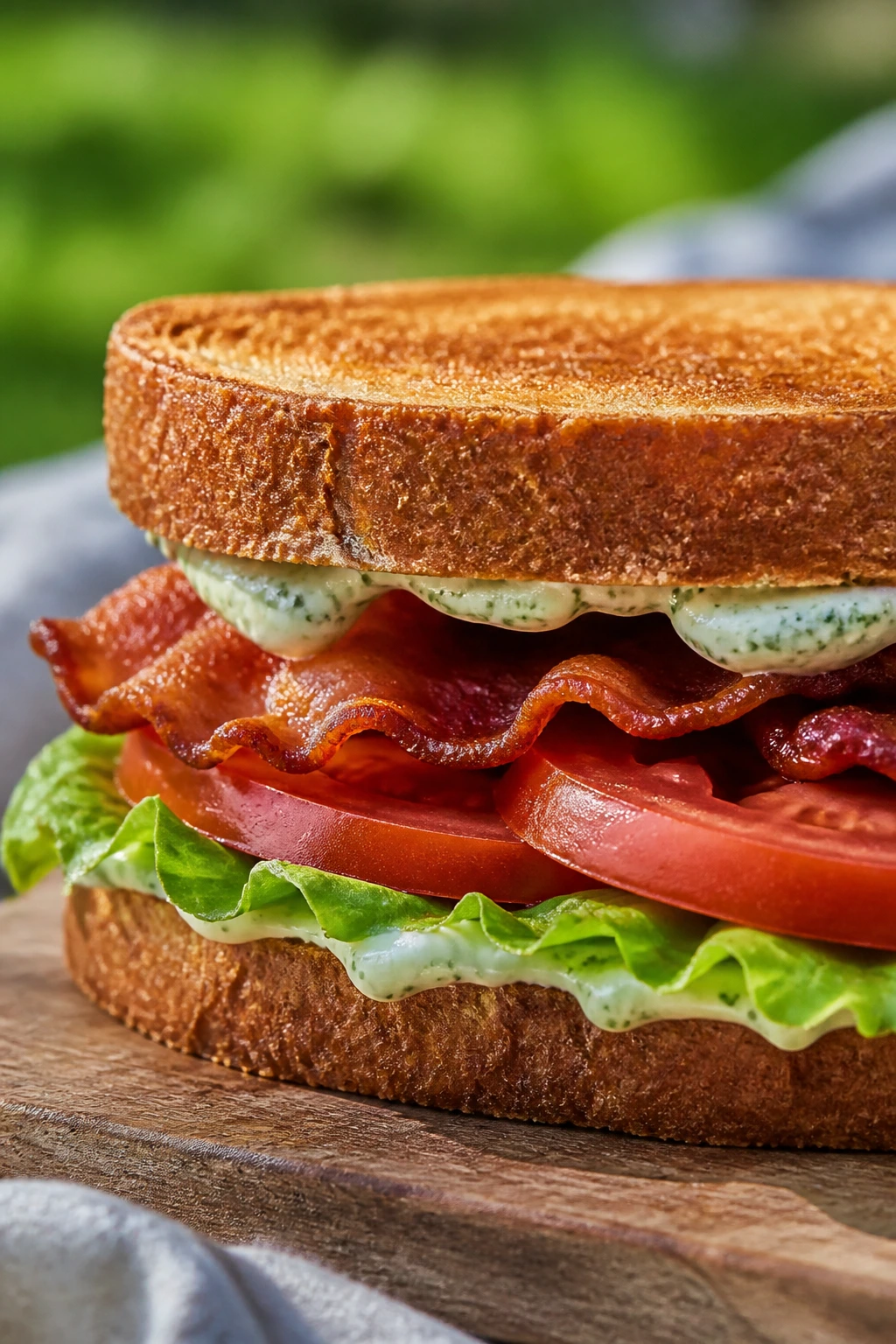 Close-up of BLT with basil mayo on toasted bread.