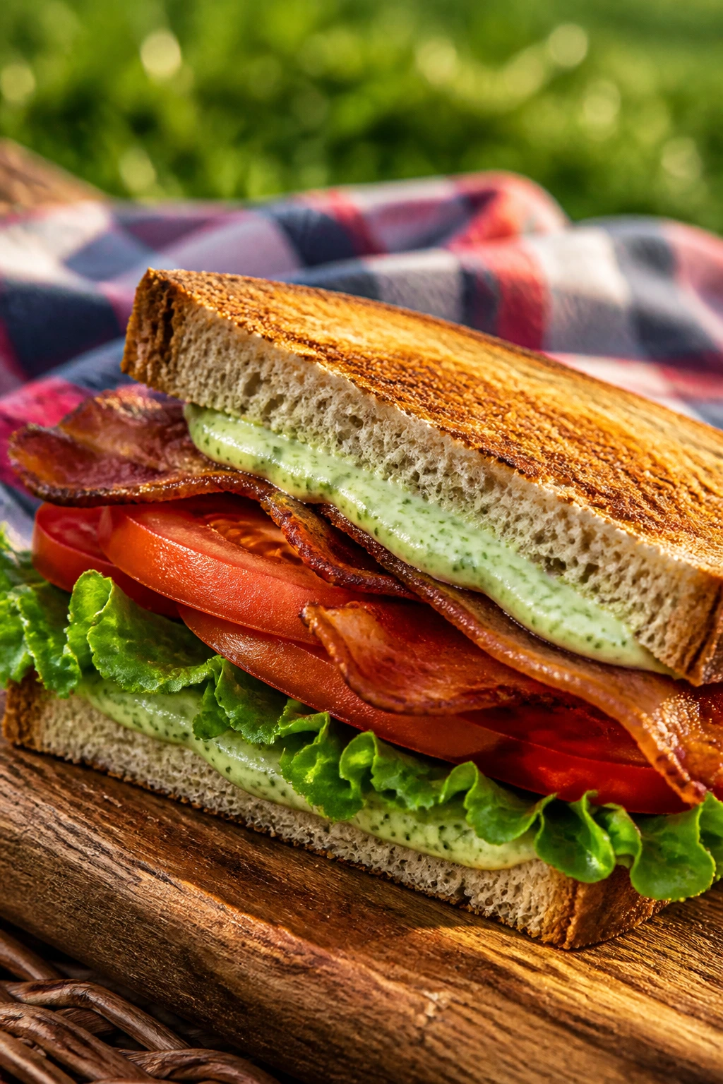 Close-up BLT sandwich with basil mayo on wooden board outdoors
