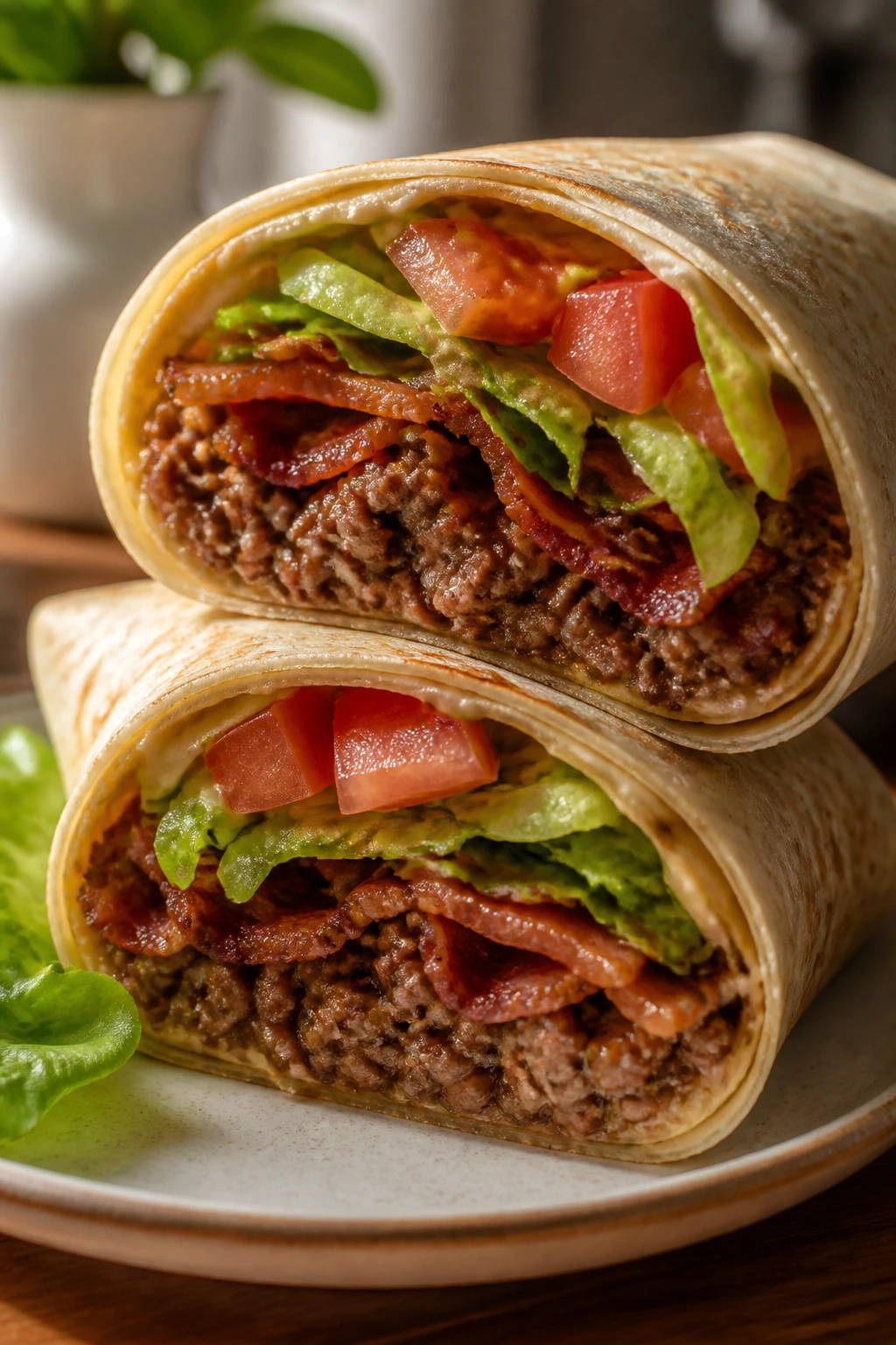 Cross-section of a beef wrap with bacon, lettuce, and tomato